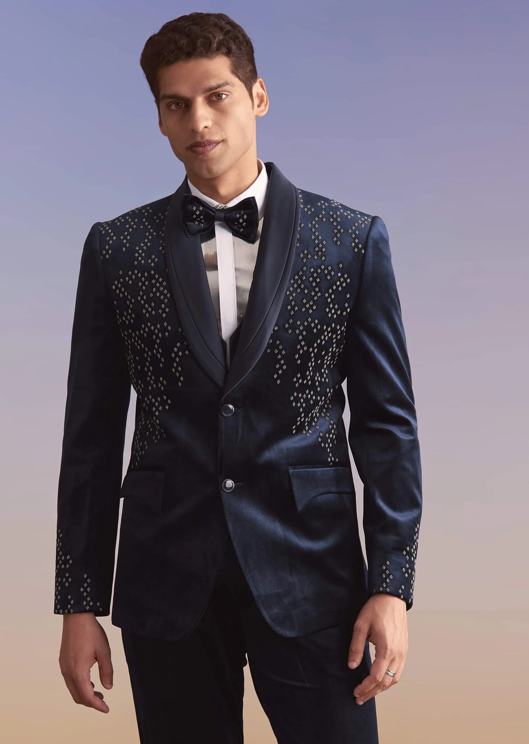 Navy Blue Velvet Tuxedo For Men With Hand Embroidery - Image 4