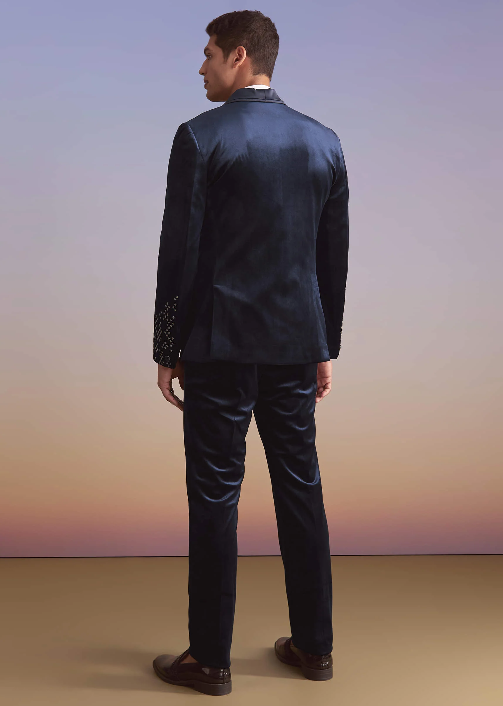 Navy Blue Velvet Tuxedo For Men With Hand Embroidery - Image 5