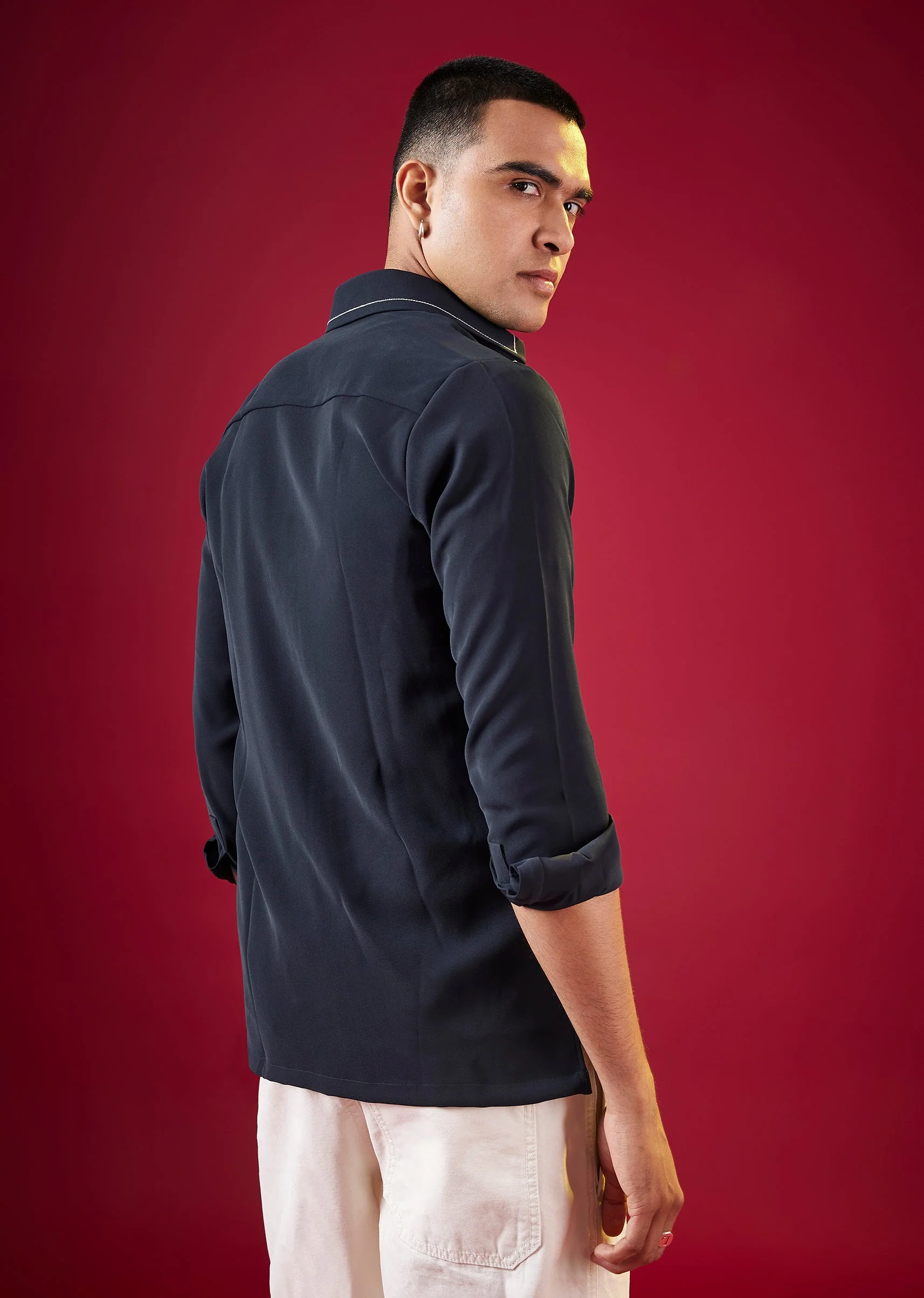 Navy Blue Viscose Mandarin Collar Checkered Mens Shirt - Image 4