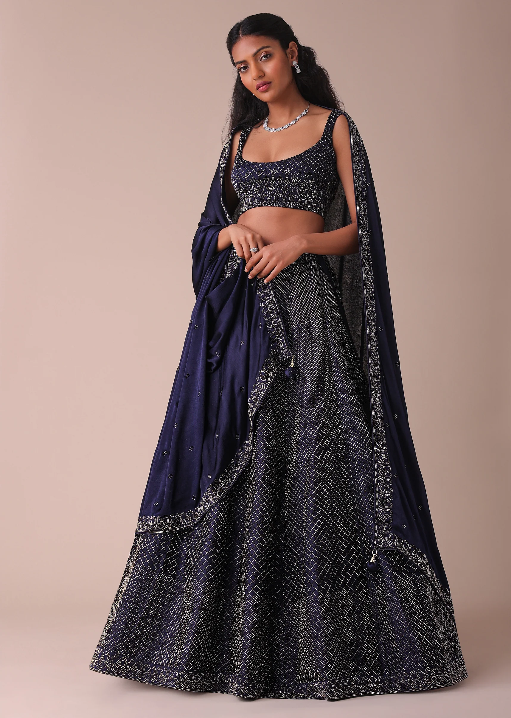 Navy Blue Wrinkle Satin Lehenga With Swarovski Crystals - Image 4