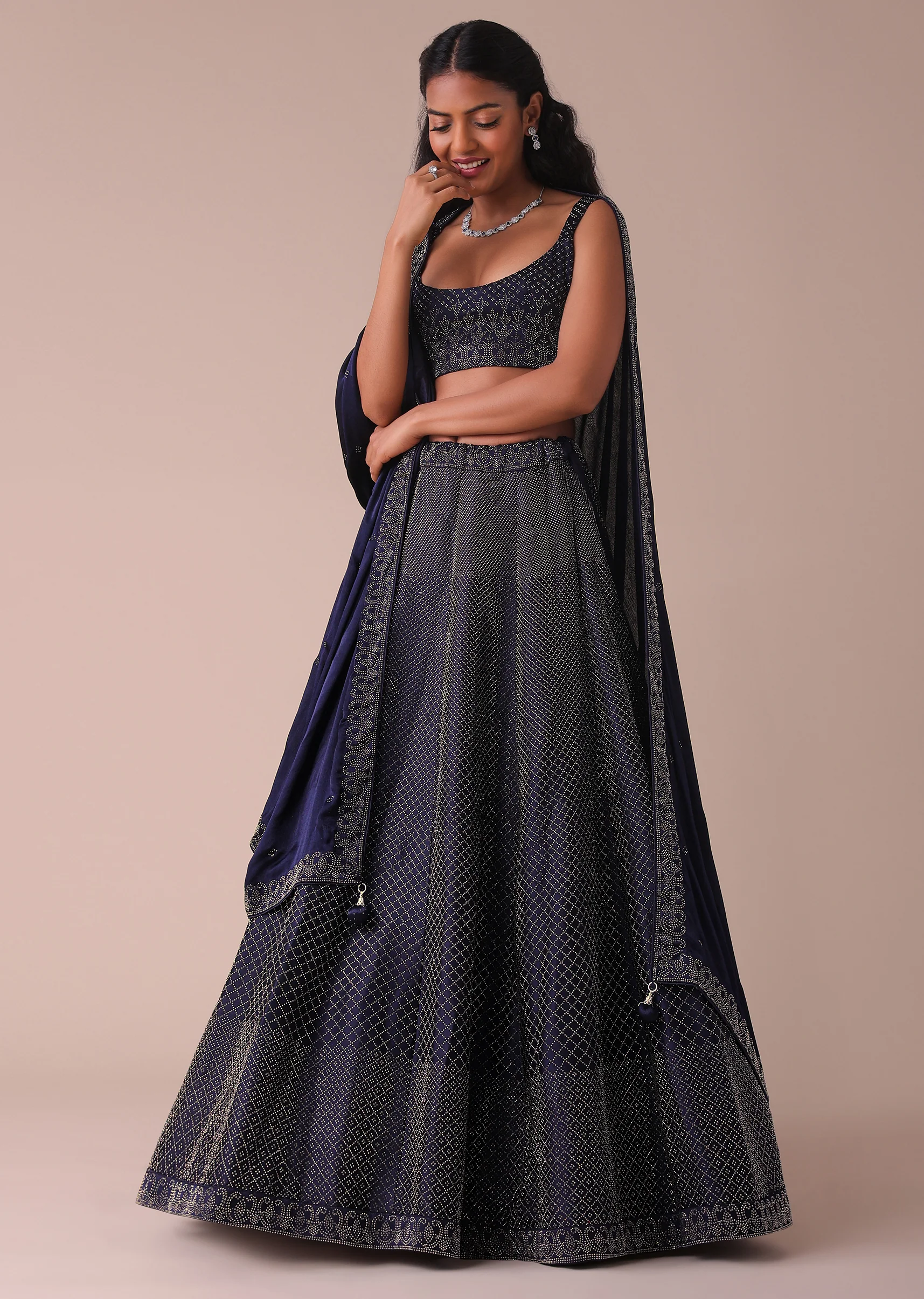 Navy Blue Wrinkle Satin Lehenga With Swarovski Crystals - Image 6