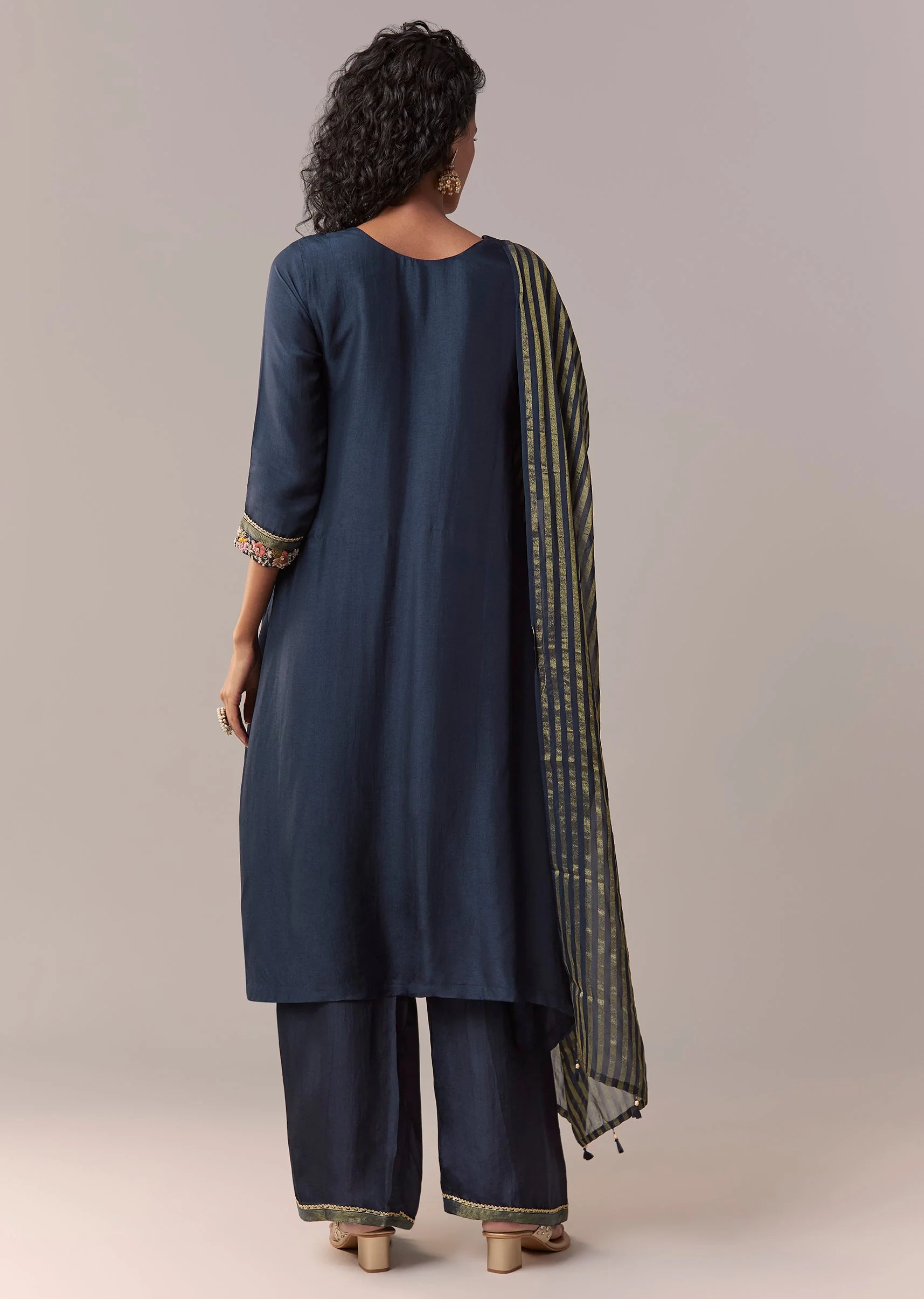 Navy Blue Zardosi & Thread Palazzo Set With Dupatta - Image 5
