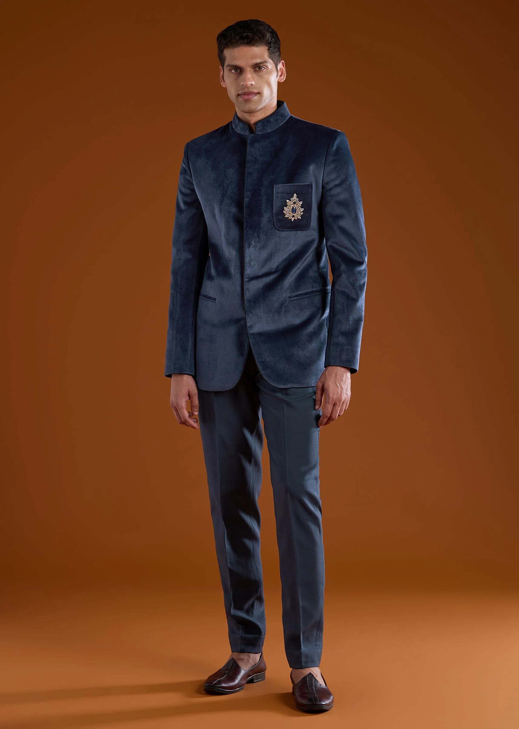 Navy Blue Zardozi Work Jodhpuri and Pant Set in Velvet