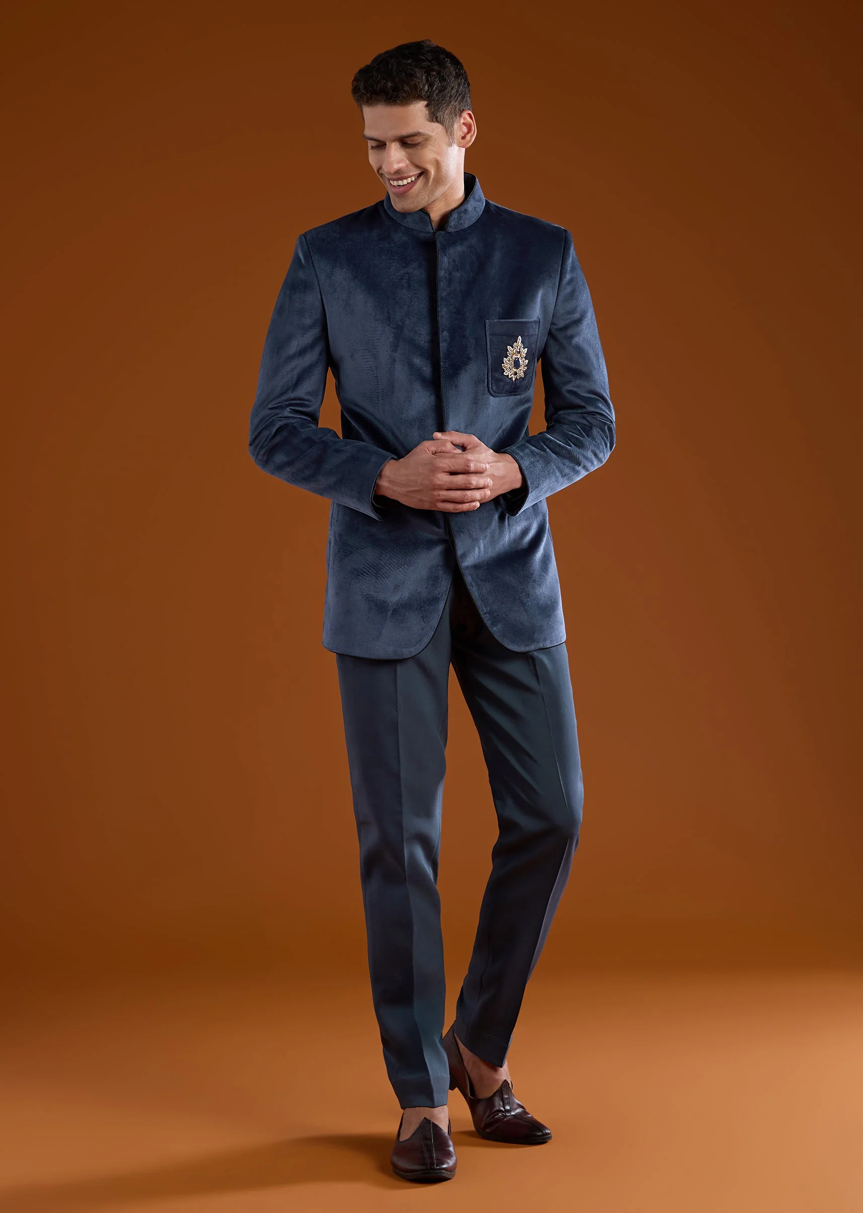 Navy Blue Zardozi Work Jodhpuri and Pant Set in Velvet - Image 3
