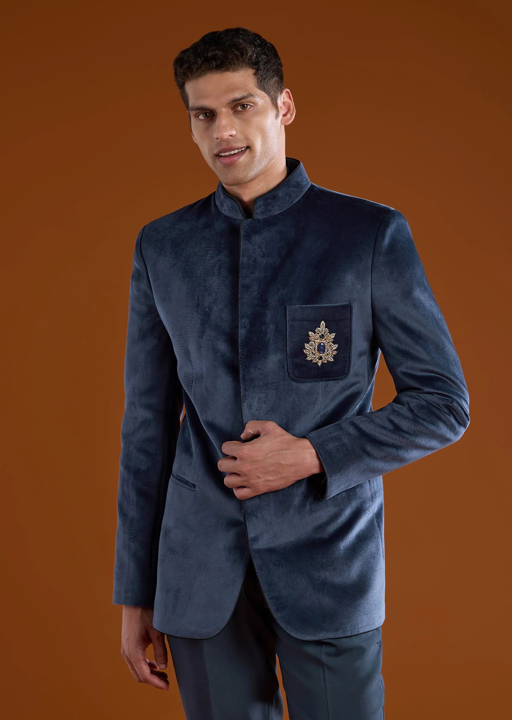 Navy Blue Zardozi Work Jodhpuri and Pant Set in Velvet - Image 4