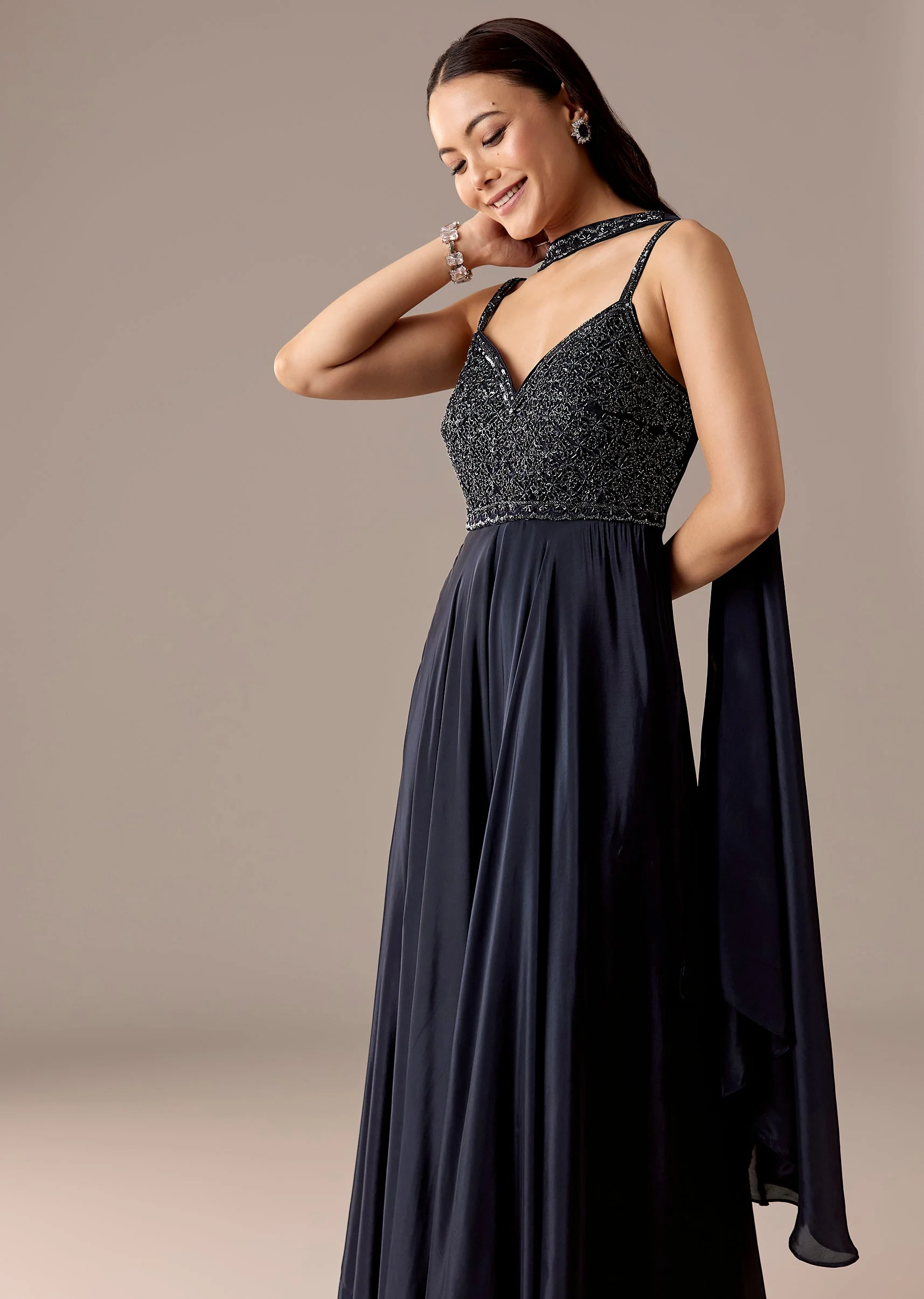 Navy Embellished Jumpsuit With Choker Dupatta - Image 4