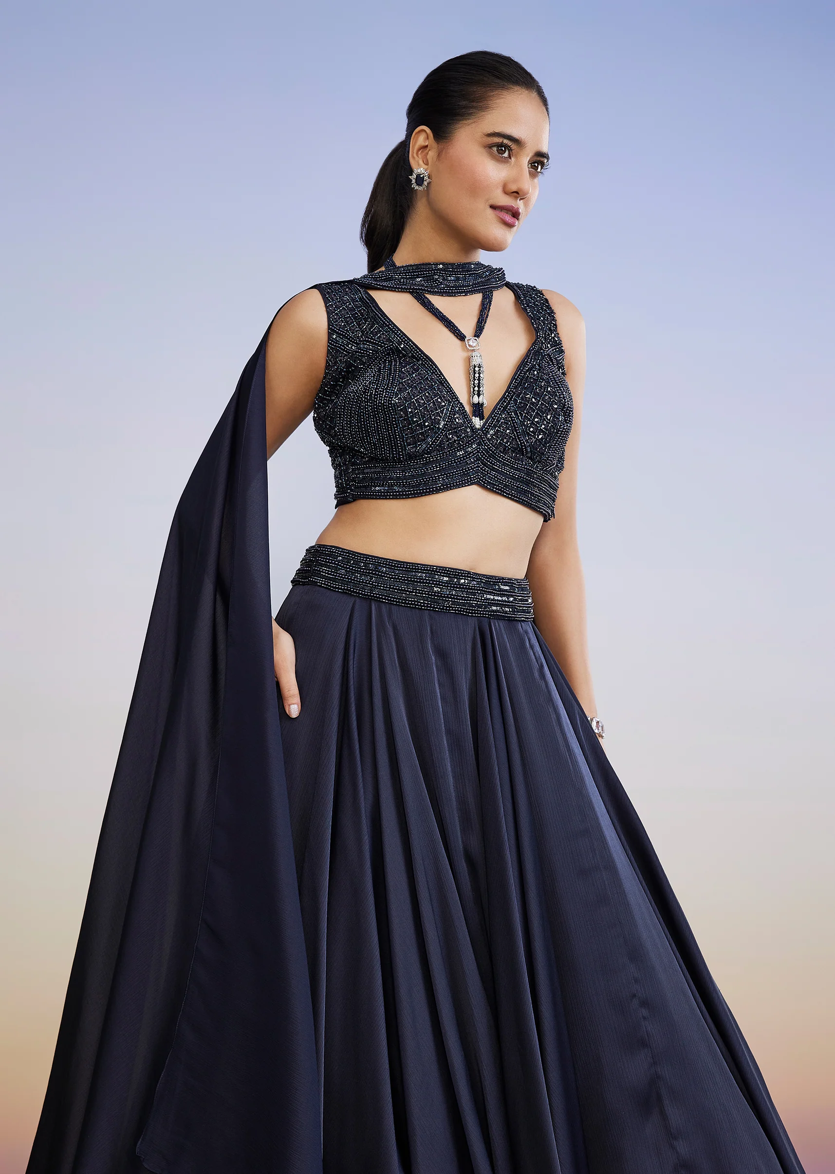 Navy Evening Duo – Fusion Lehenga For Her And Velvet Jodhpuri Suit For Him - Image 3