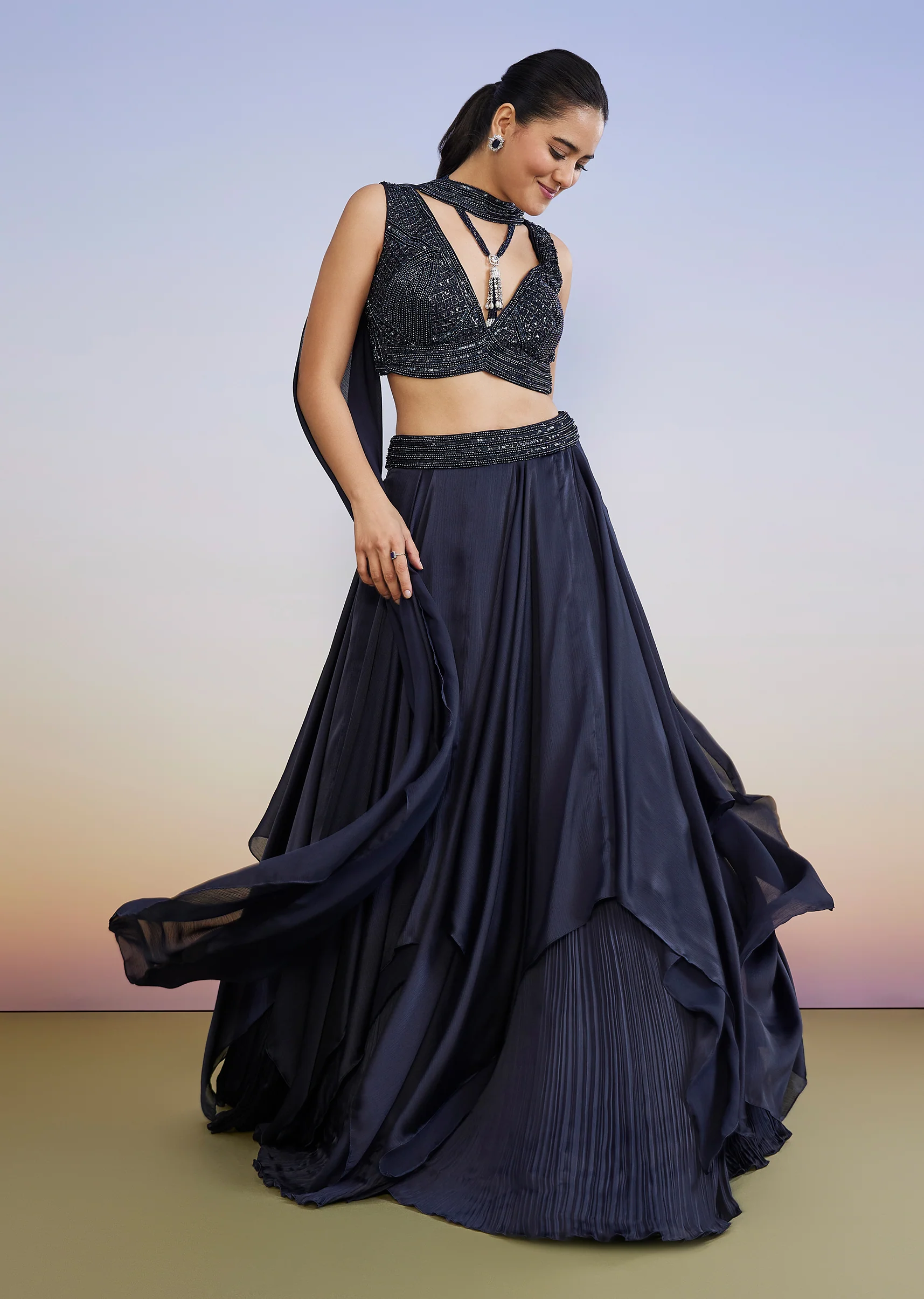 Navy Evening Duo – Fusion Lehenga For Her And Velvet Jodhpuri Suit For Him - Image 4