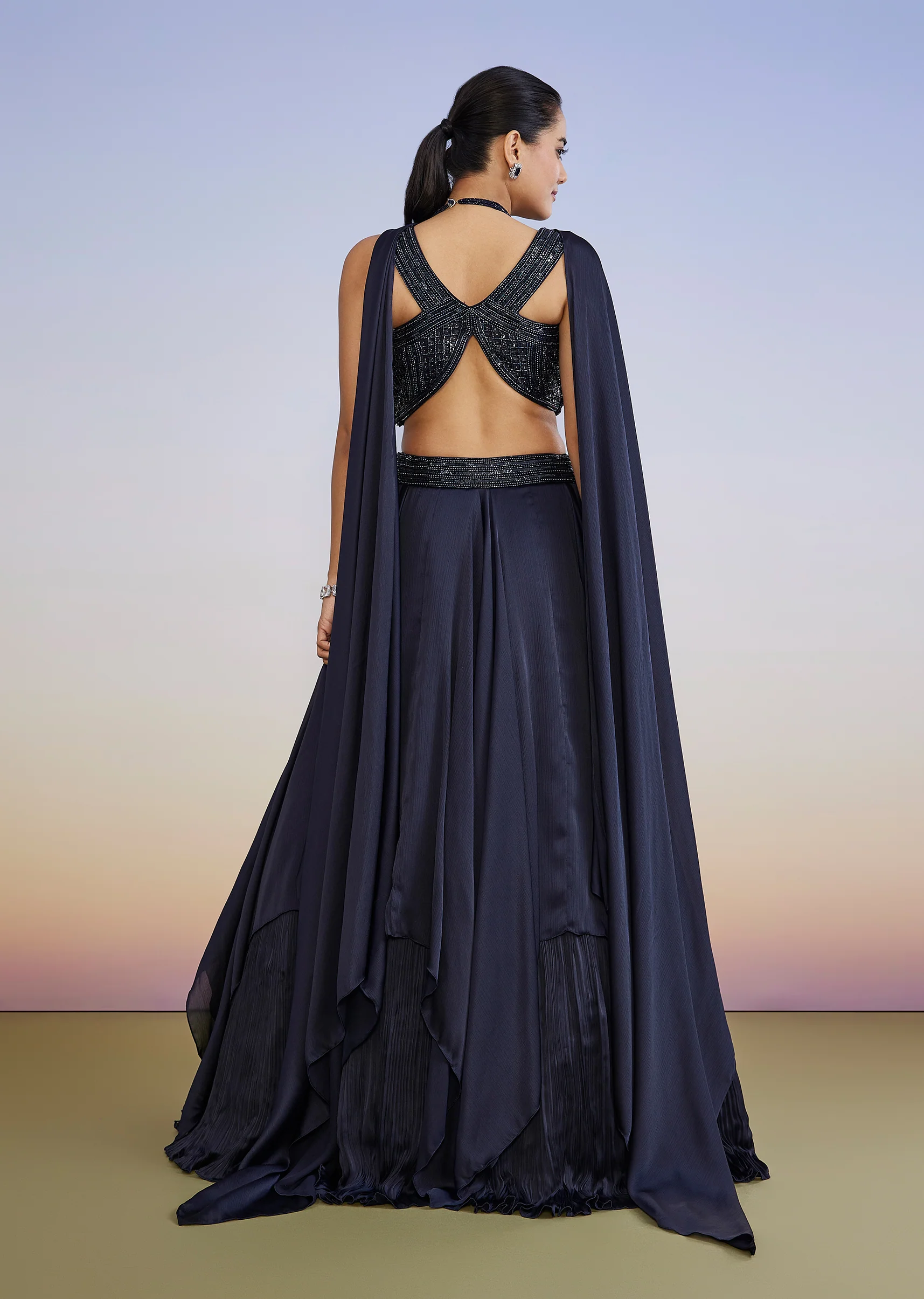 Navy Evening Duo – Fusion Lehenga For Her And Velvet Jodhpuri Suit For Him - Image 5