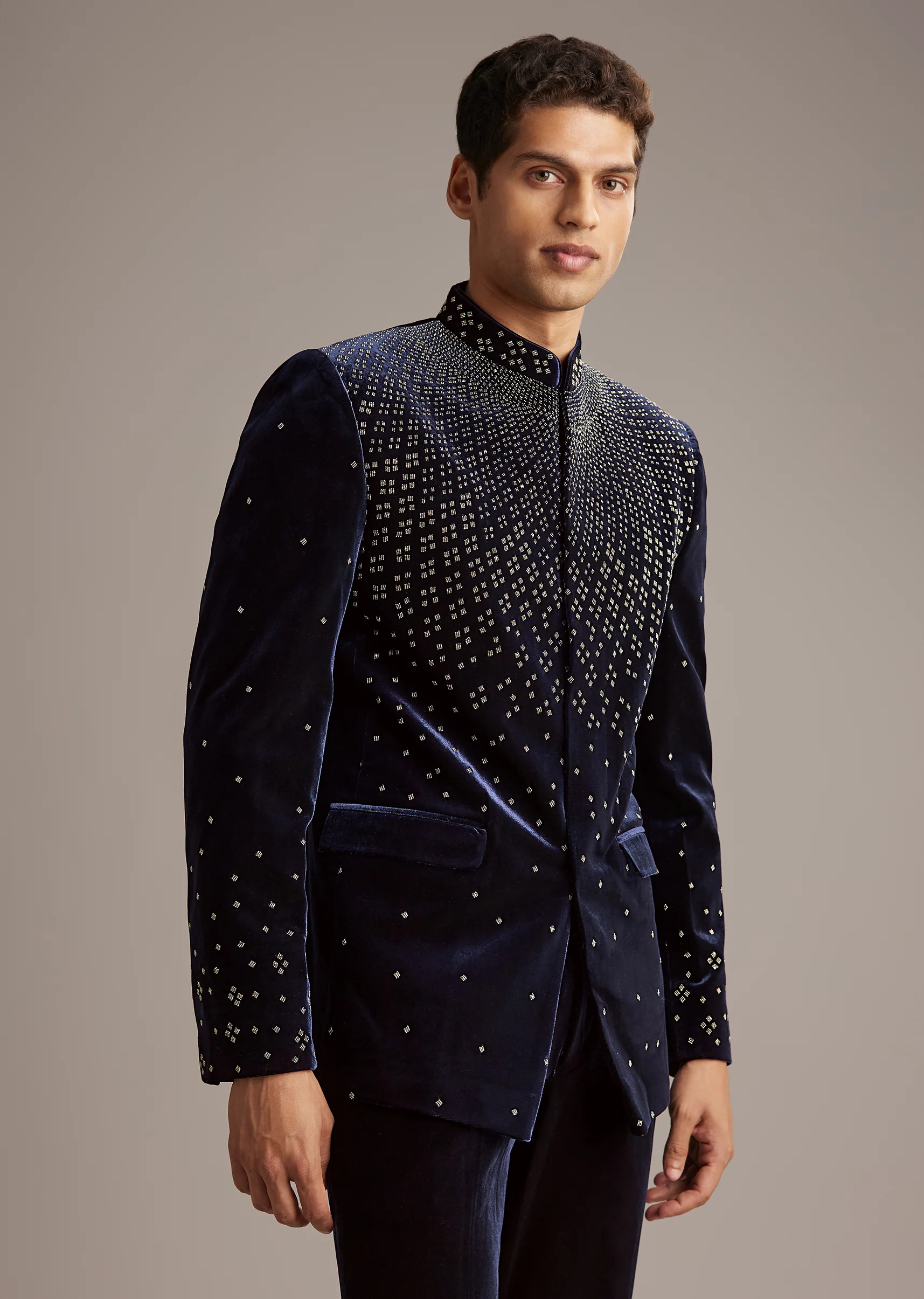 Navy Evening Duo – Fusion Lehenga For Her And Velvet Jodhpuri Suit For Him - Image 7
