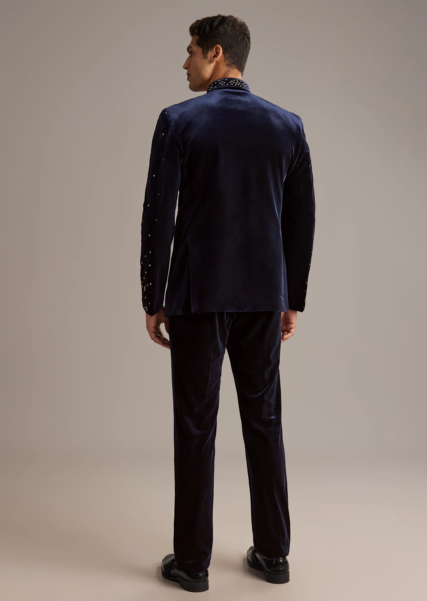 Navy Evening Duo – Fusion Lehenga For Her And Velvet Jodhpuri Suit For Him - Image 9