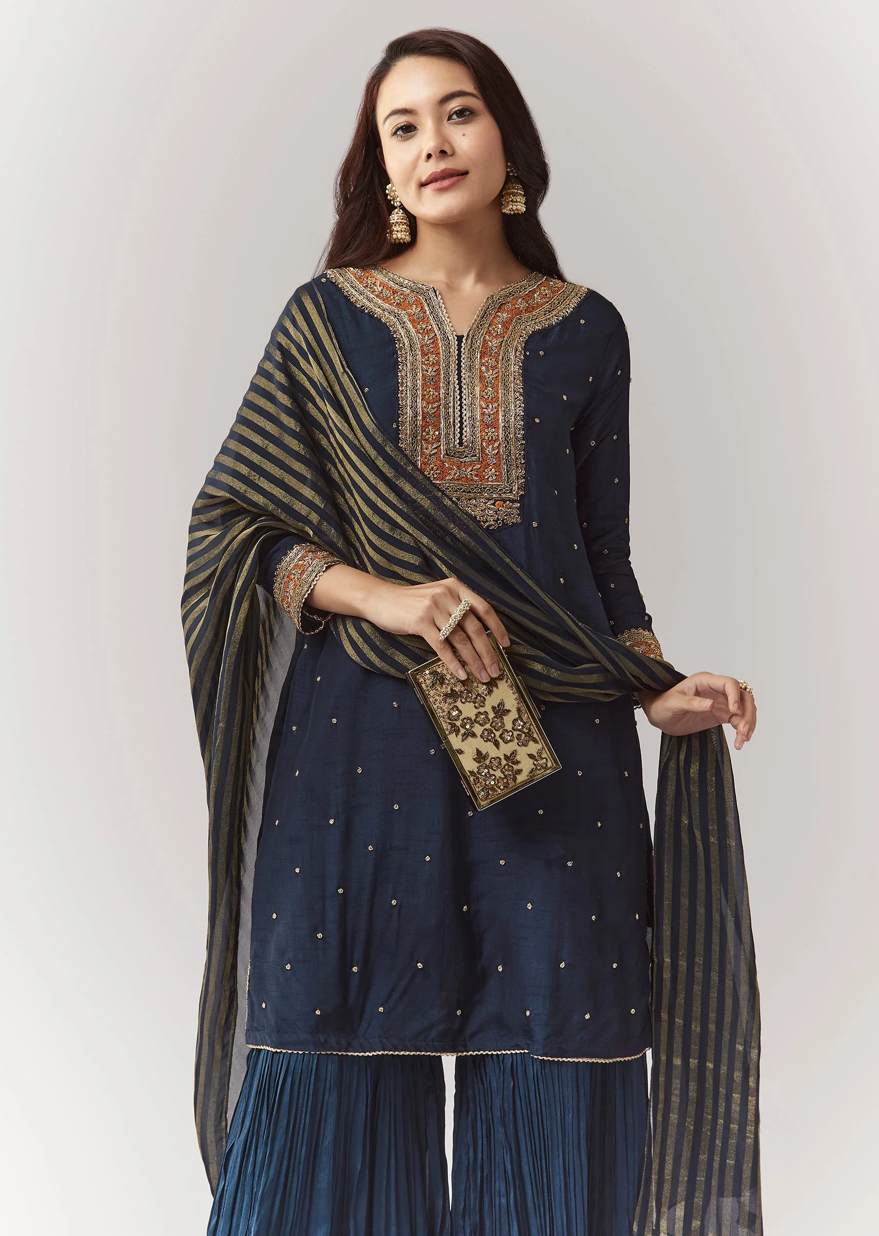 Navy Zardosi Kurta Sharara Set With Organza Dupatta - Image 4