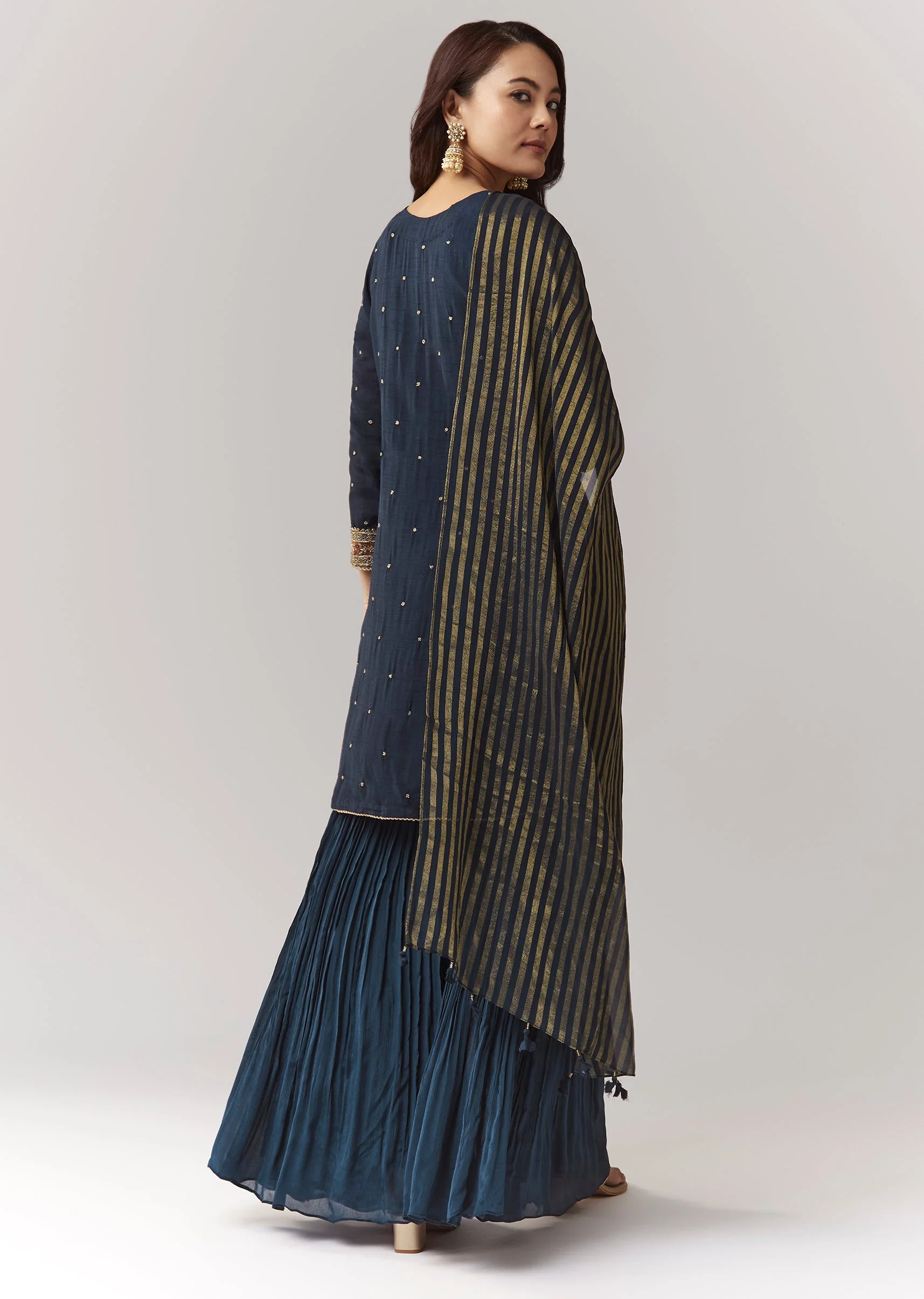 Navy Zardosi Kurta Sharara Set With Organza Dupatta - Image 5