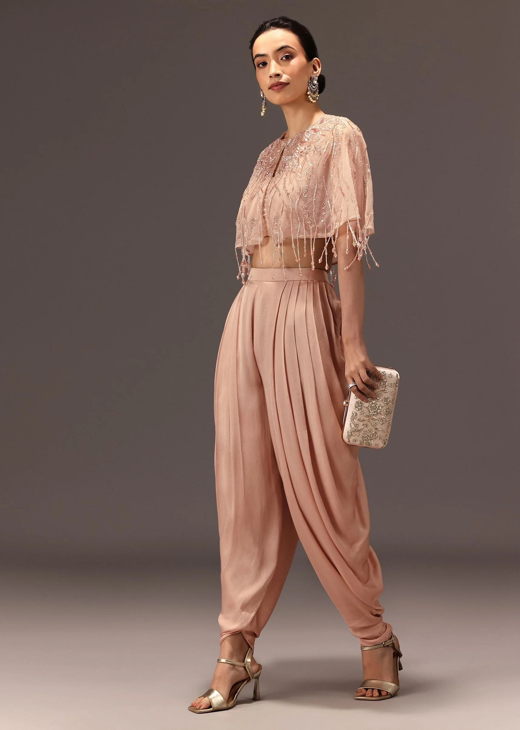 Nude Pleated Blouse With Tassel Cape And Dhoti Pants - Image 3