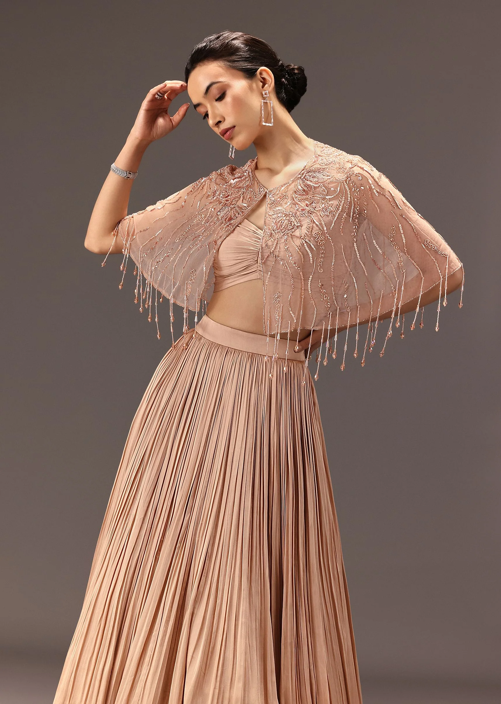 Nude Ruched Blouse With Cape And Layered Skirt - Image 2