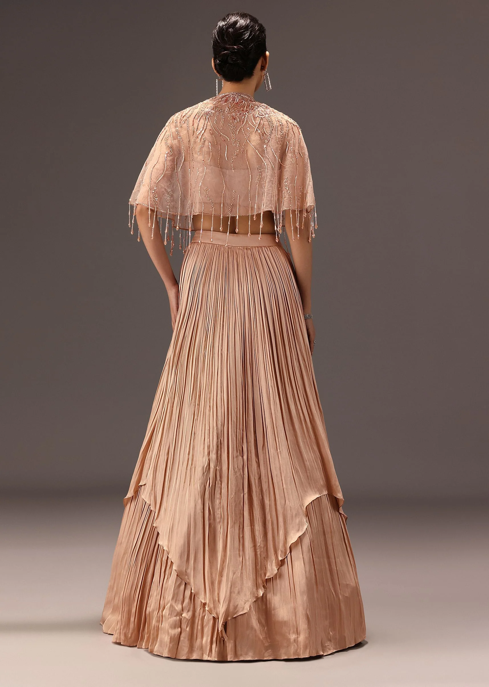 Nude Ruched Blouse With Cape And Layered Skirt - Image 6