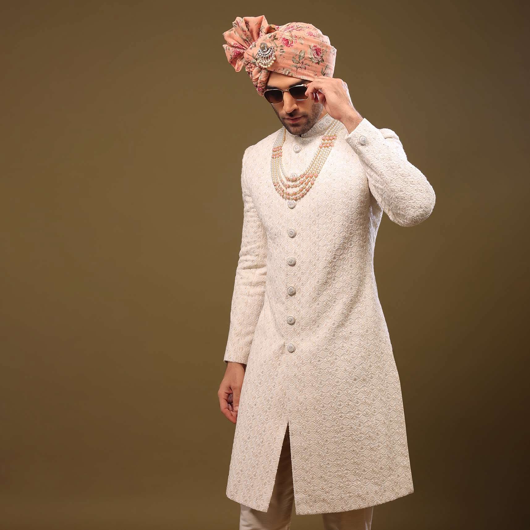Nude White Lucknowi Sherwani Set In Zari And Cut-dana - Image 6