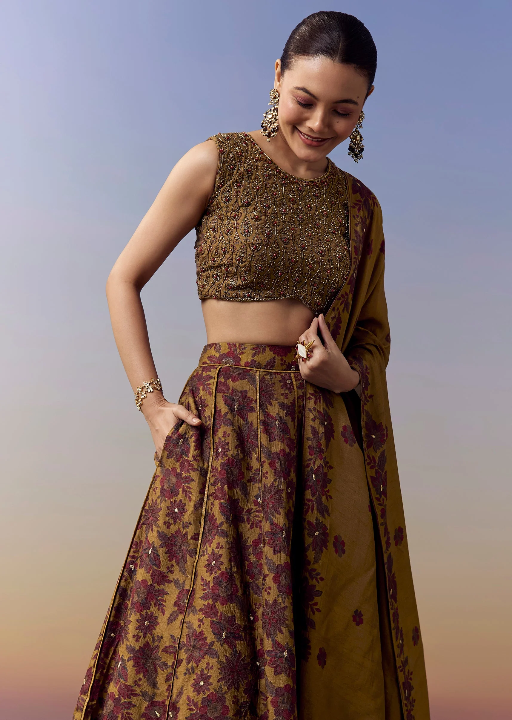 Ochre Yellow Bridesmaid Lehenga With Floral Print And Cut Dana Beads Work - Image 4