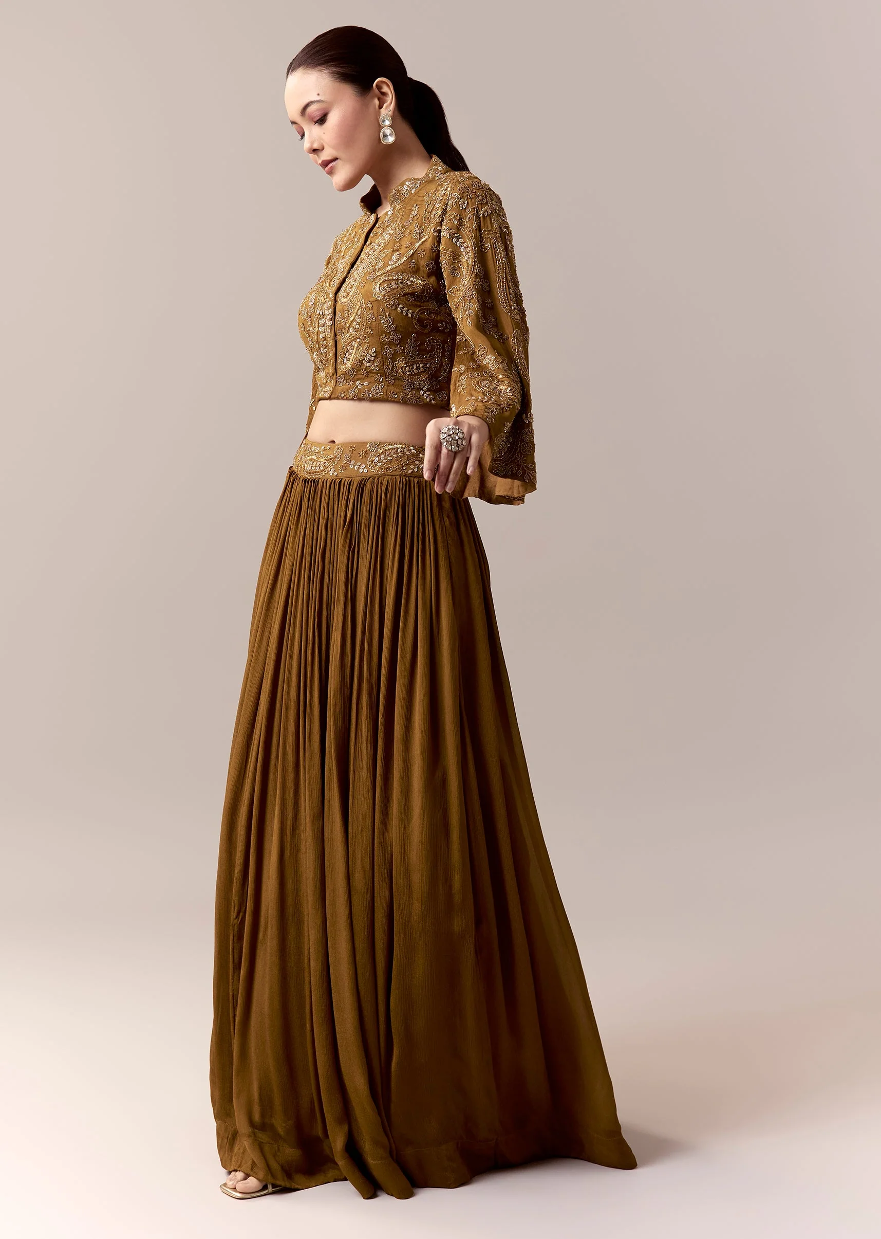 Ochre Yellow Crop Top Skirt Indo Western With Cut Dana Sequins Work - Image 3