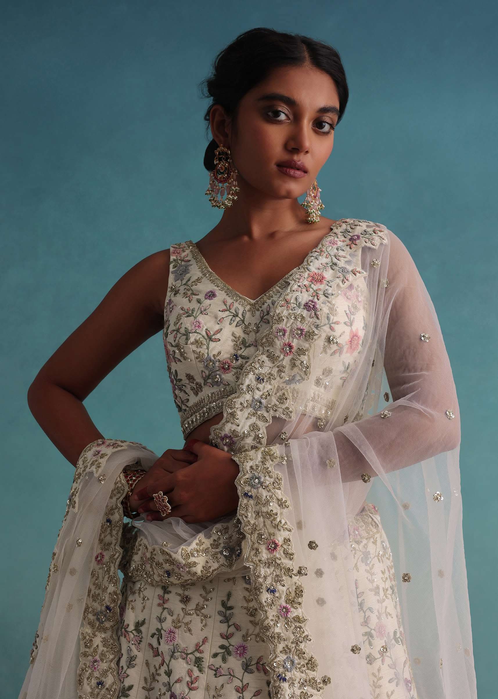 Off White 12 Kali Bridal Embroidered Lehenga In Raw Silk With Floral Handwork - Image 2