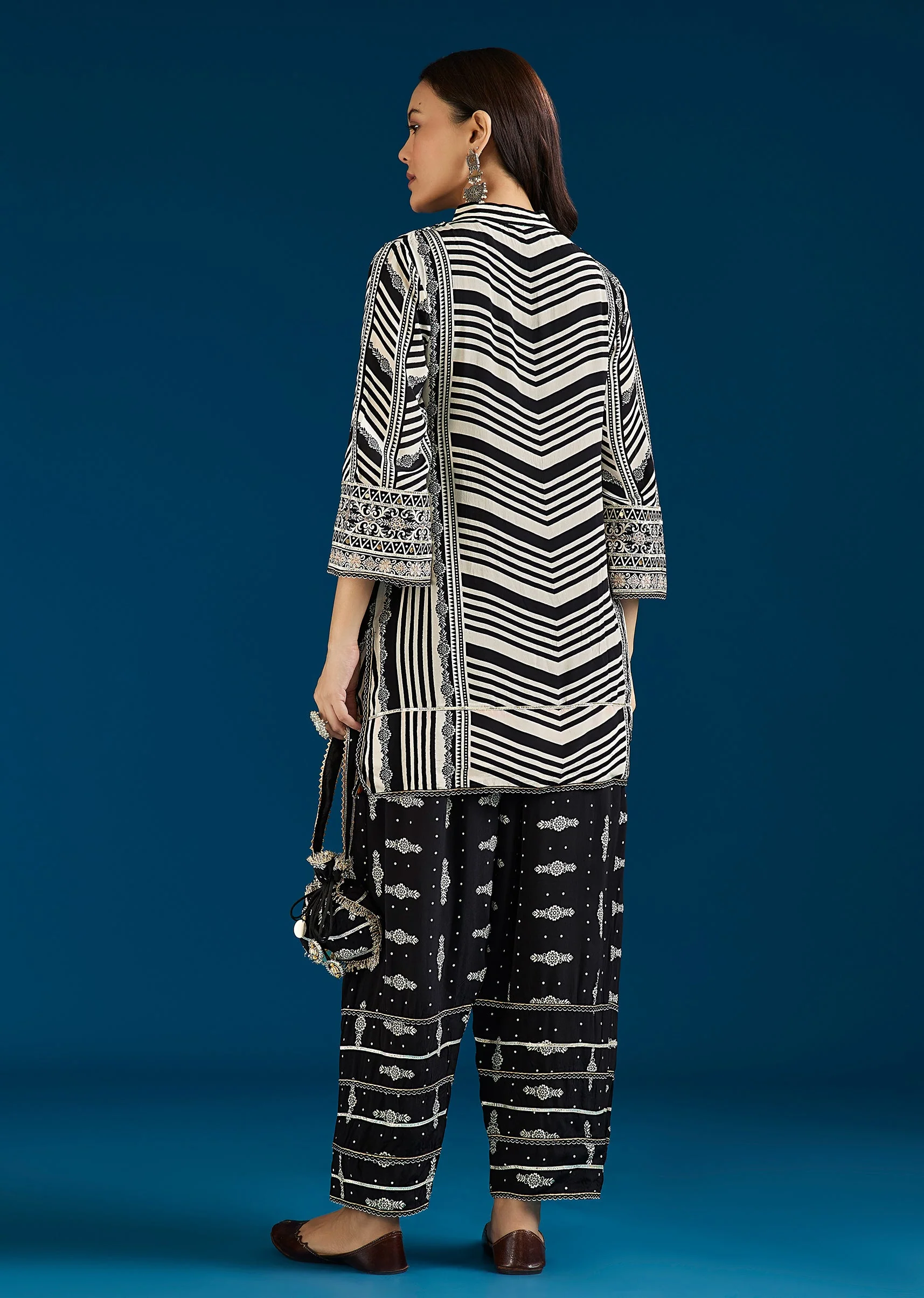 Off White And Black Striped Coord Set With Farshi Pant And Potli Bag - Image 5