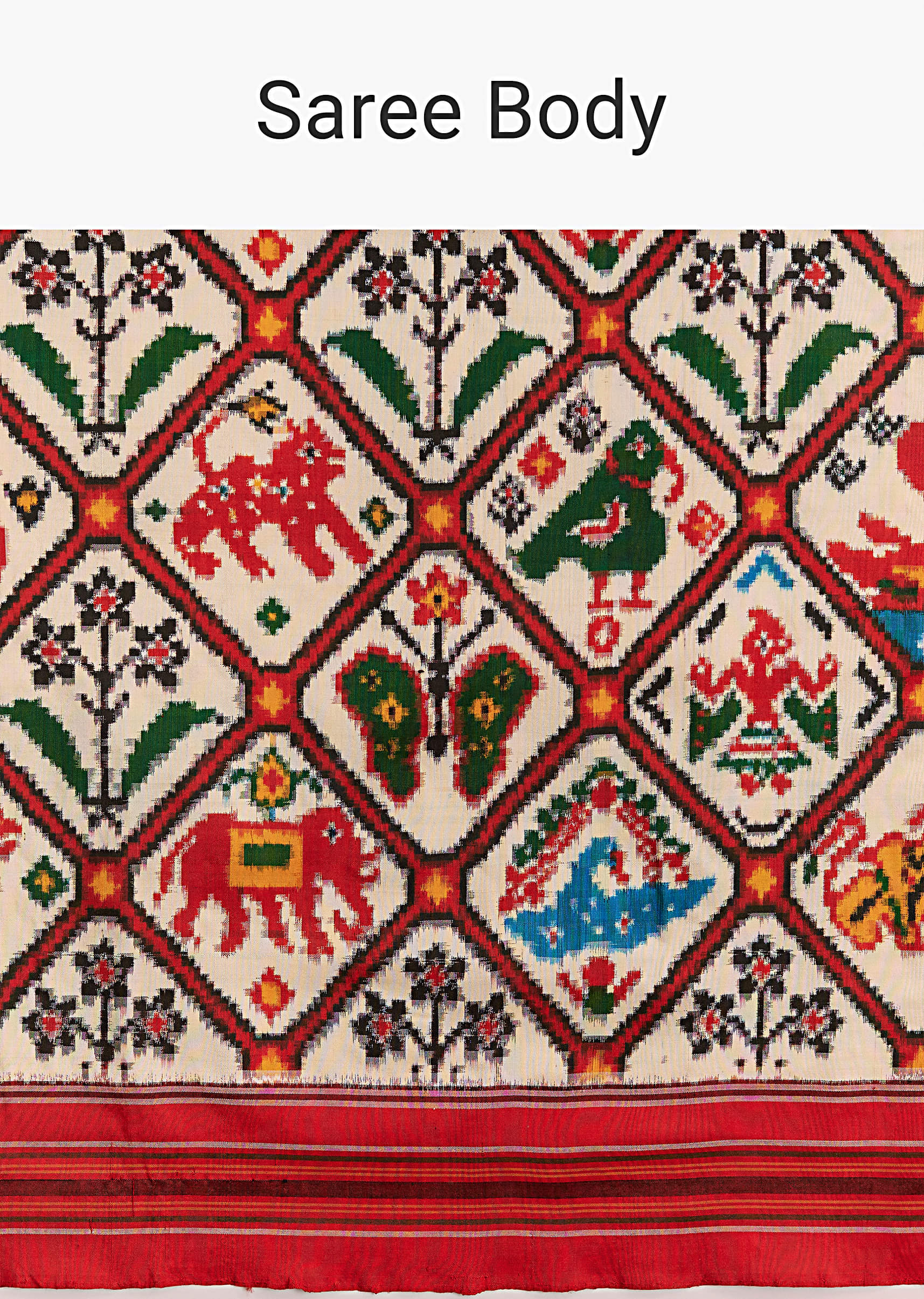 Off White And Ruby Red Double Ikkat Handwoven Patola Saree - Image 9