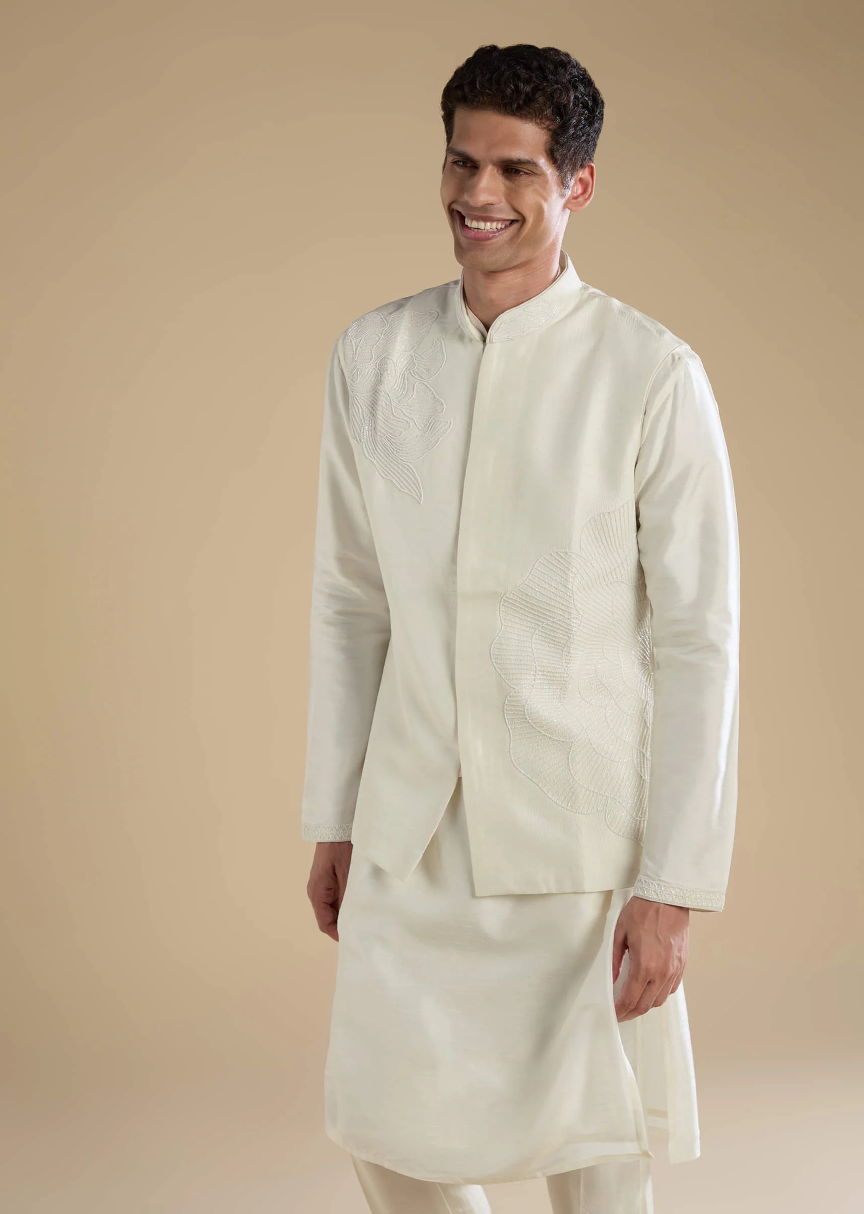 Off White Banarasi Silk Jacket Kurta Set with Cutdana Work - Image 4