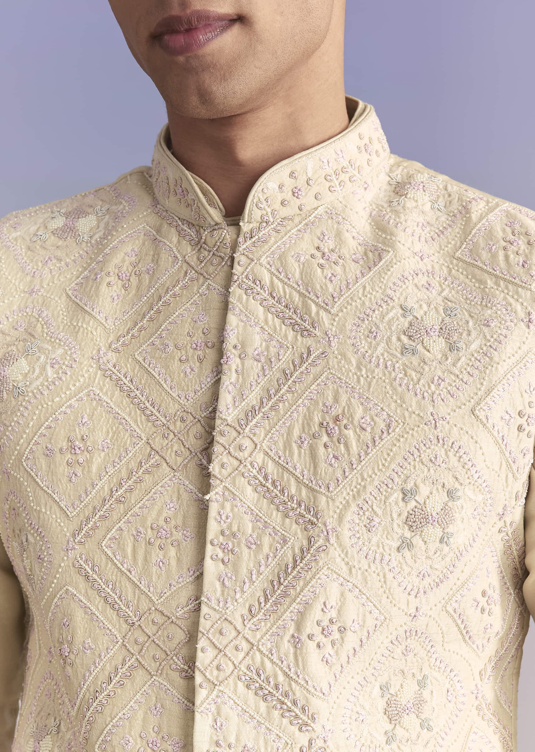 Off White Banarasi Silk Kurta Jacket Set For Men With Embroidery - Image 2