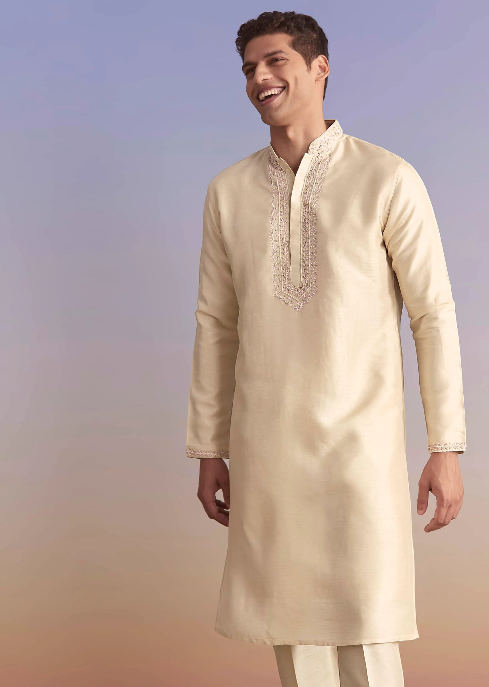 Off White Banarasi Silk Kurta Jacket Set For Men With Embroidery - Image 6