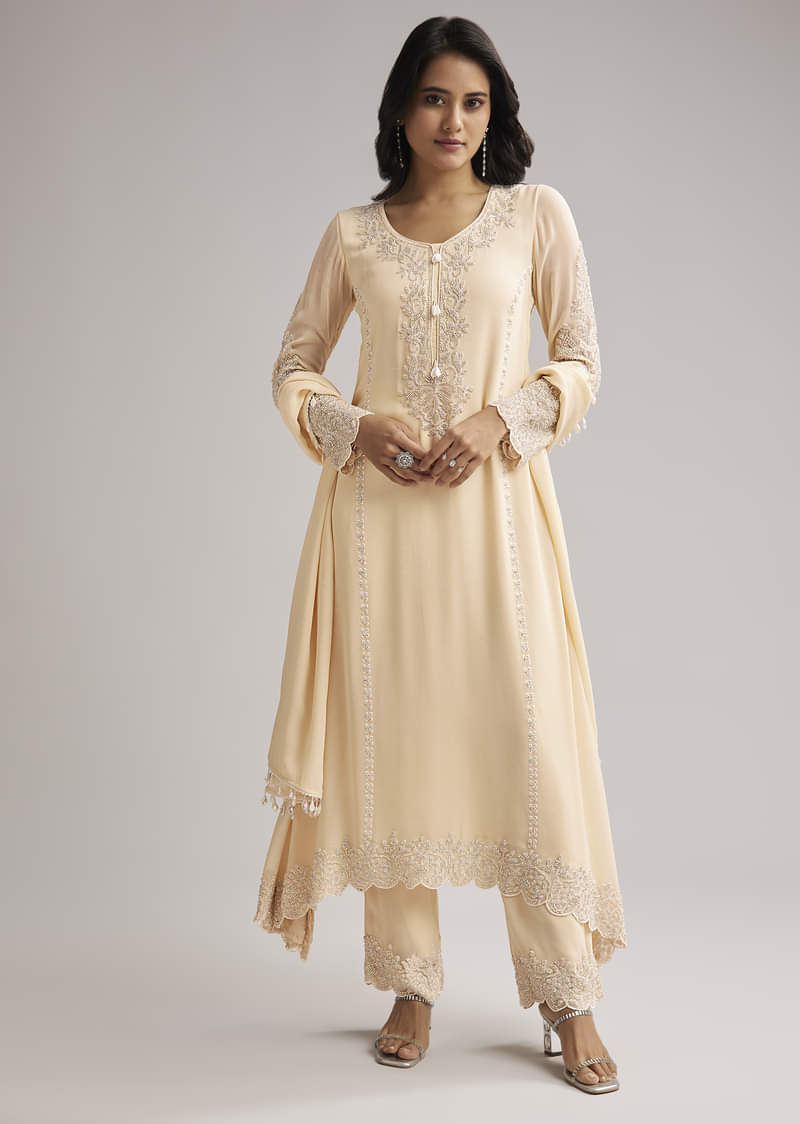 Off White Beaded Kurti Pant Set With Dupatta - Image 2