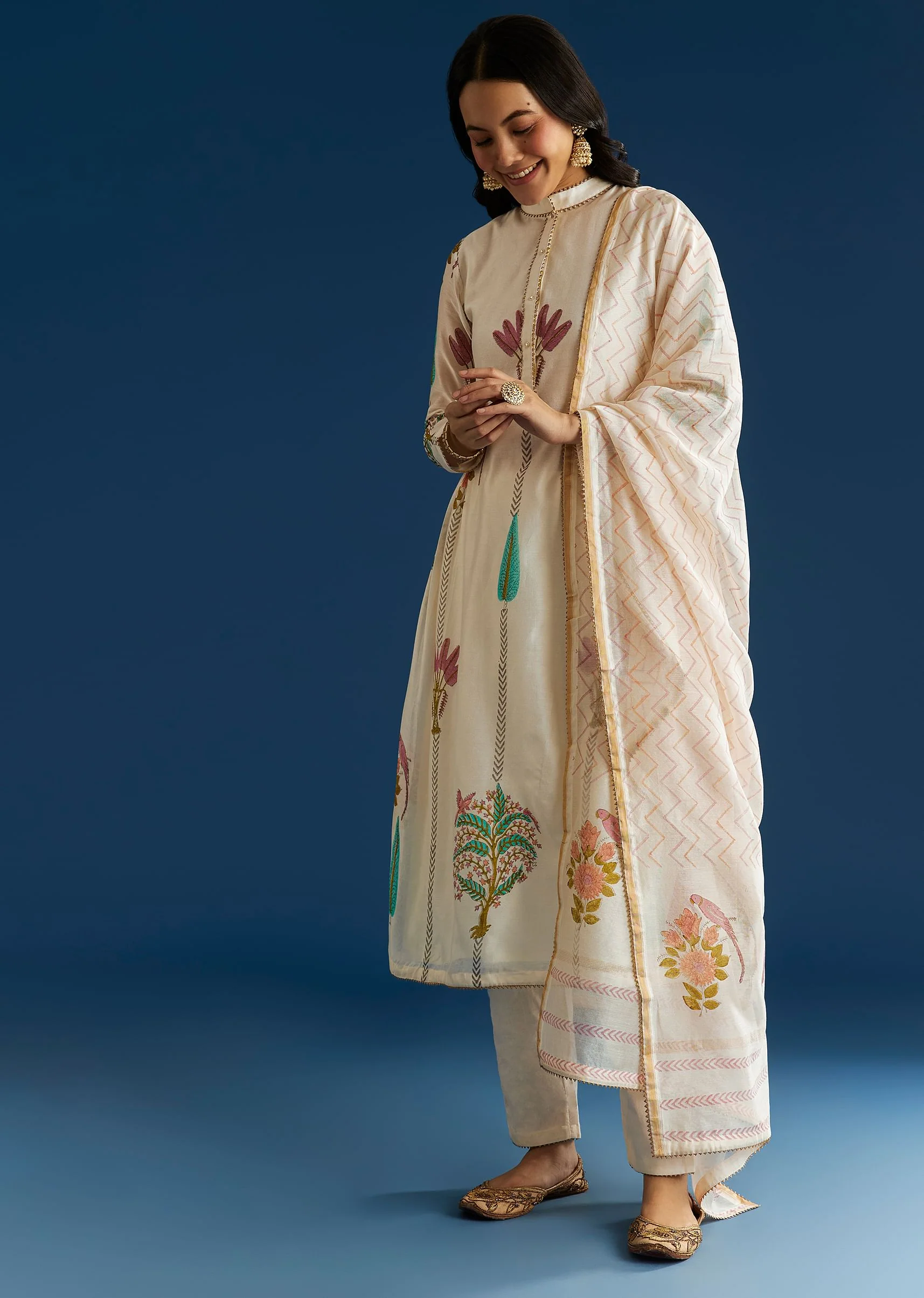 Off White Block Print Anarkali With Gotta Lace Neckline And Dupatta - Image 3
