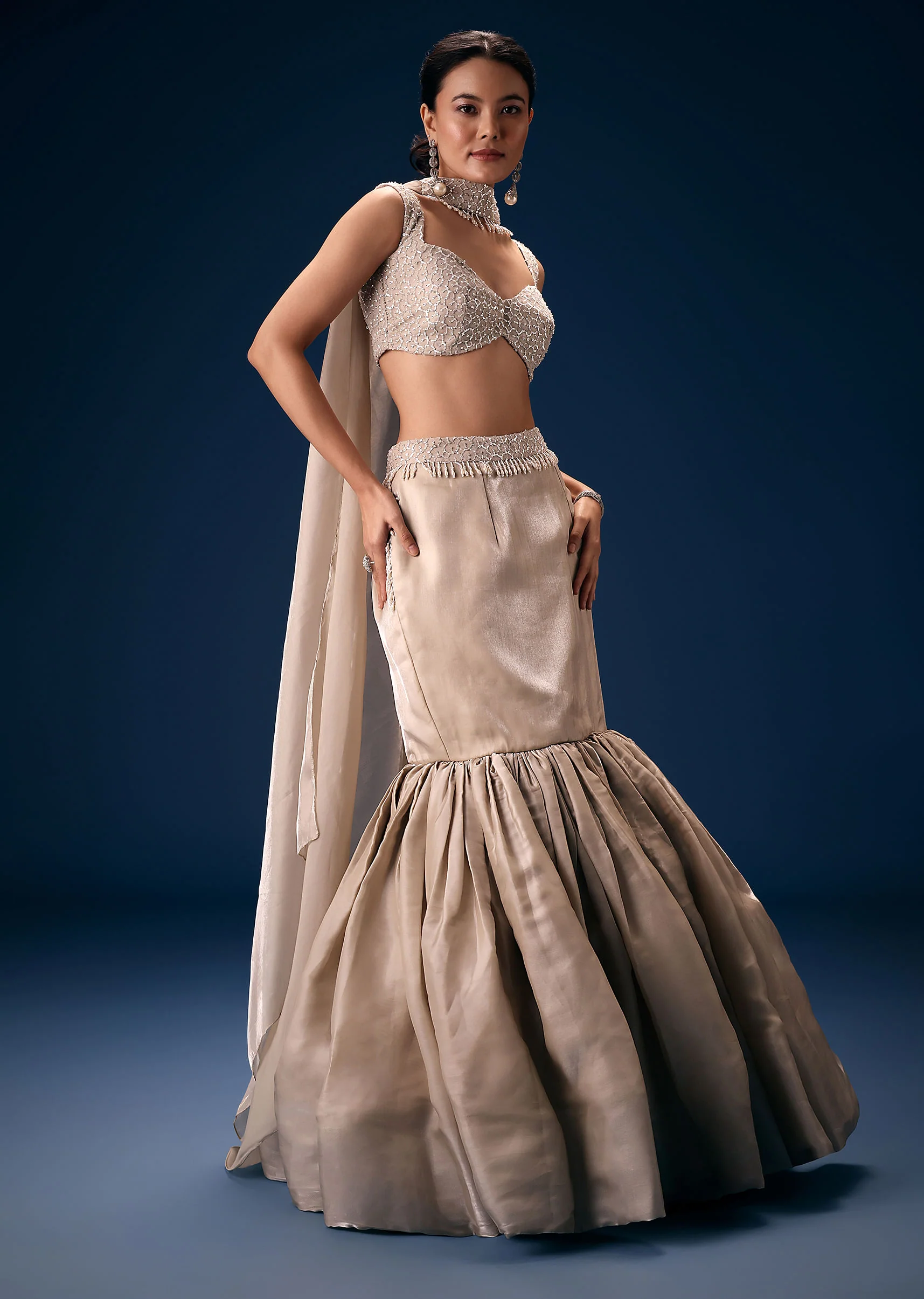Off White Blouse With Fishcut Lehenga And Choker Dupatta