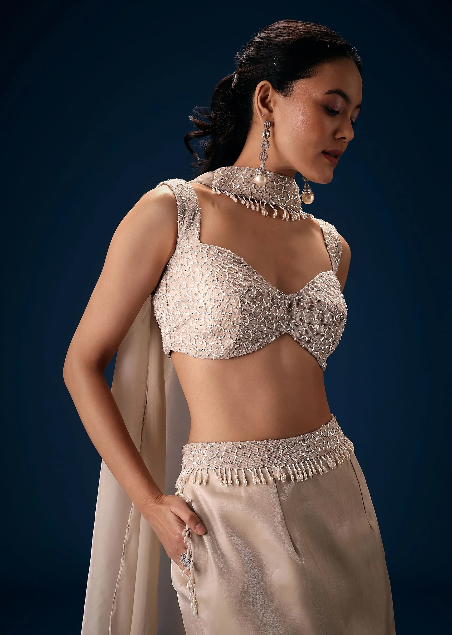 Off White Blouse With Fishcut Lehenga And Choker Dupatta - Image 4