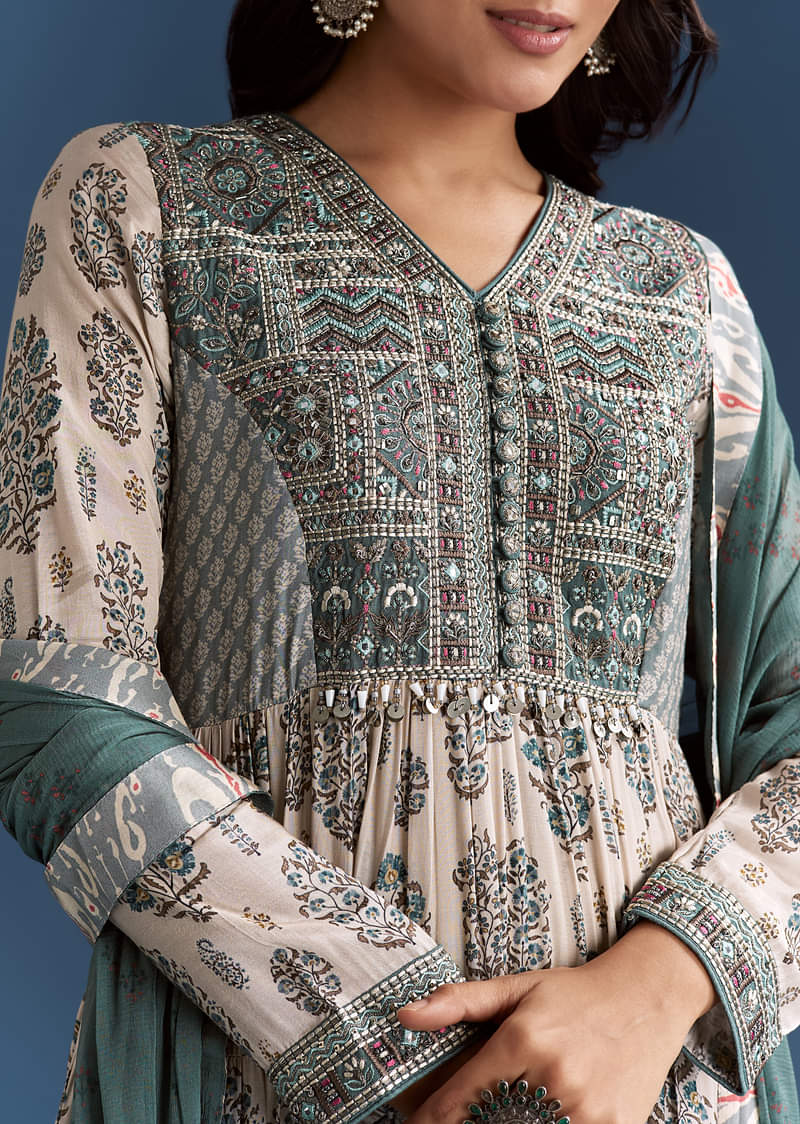 Off White Blue Printed Muslin Anarkali With Dupatta - Image 2