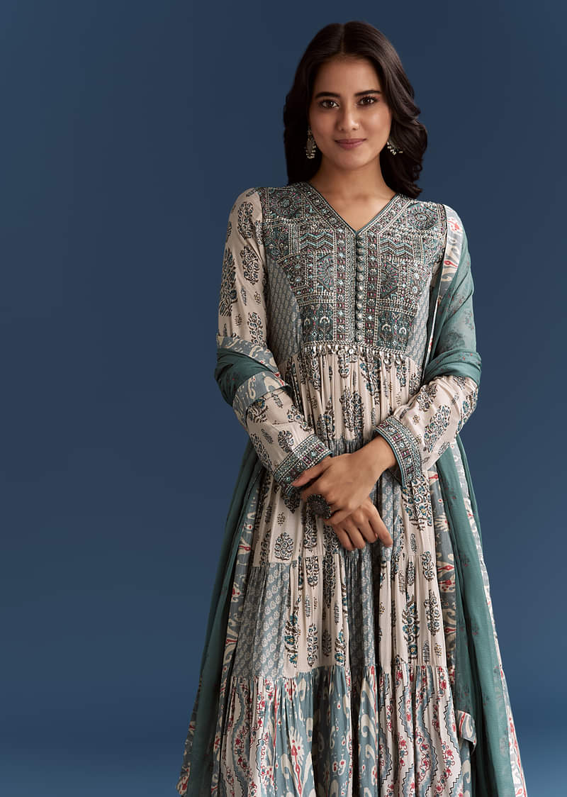 Off White Blue Printed Muslin Anarkali With Dupatta - Image 4