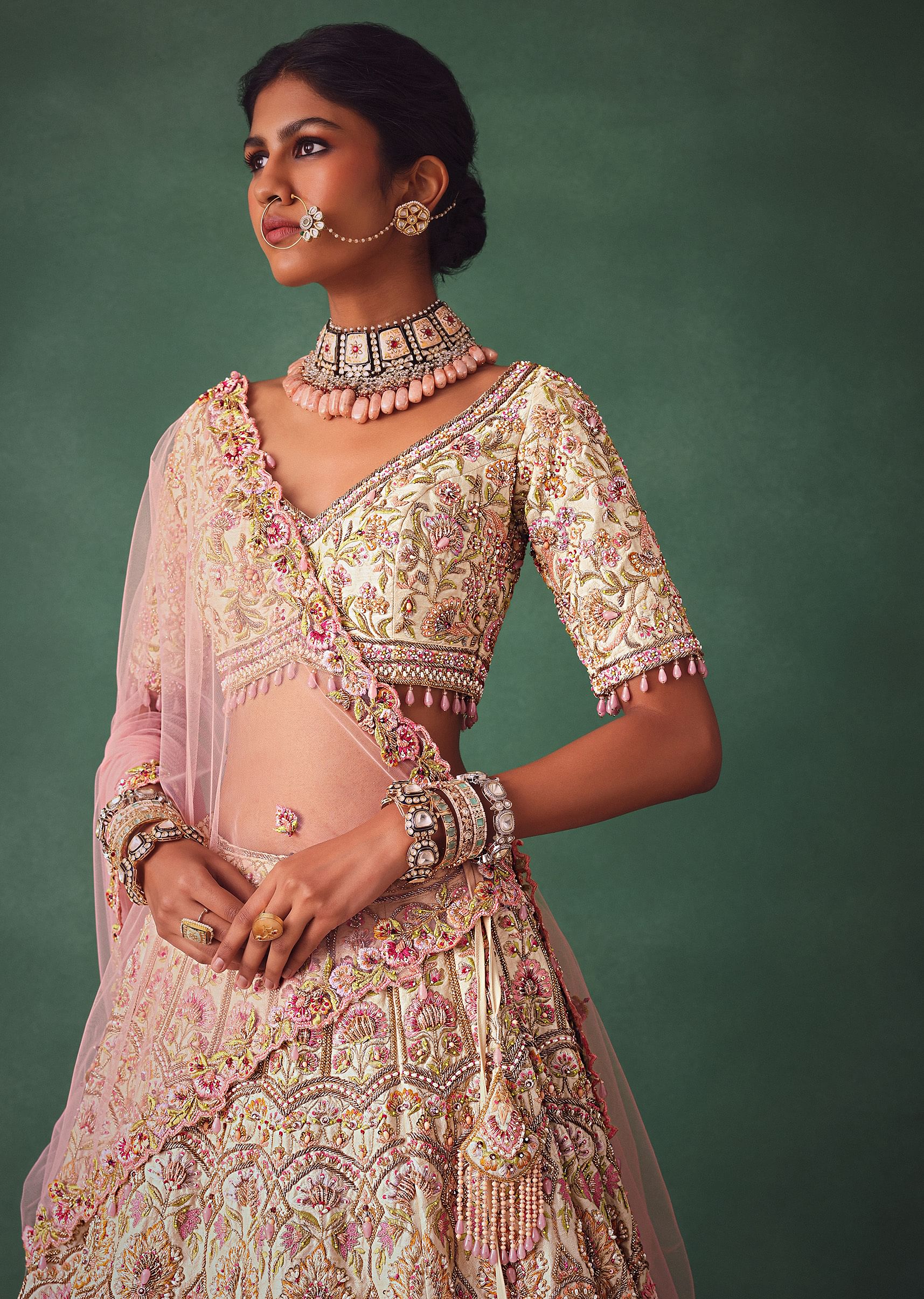 Off White Bridal Lehenga Blouse And Dupatta With Multi Colour Thread Work - Image 5