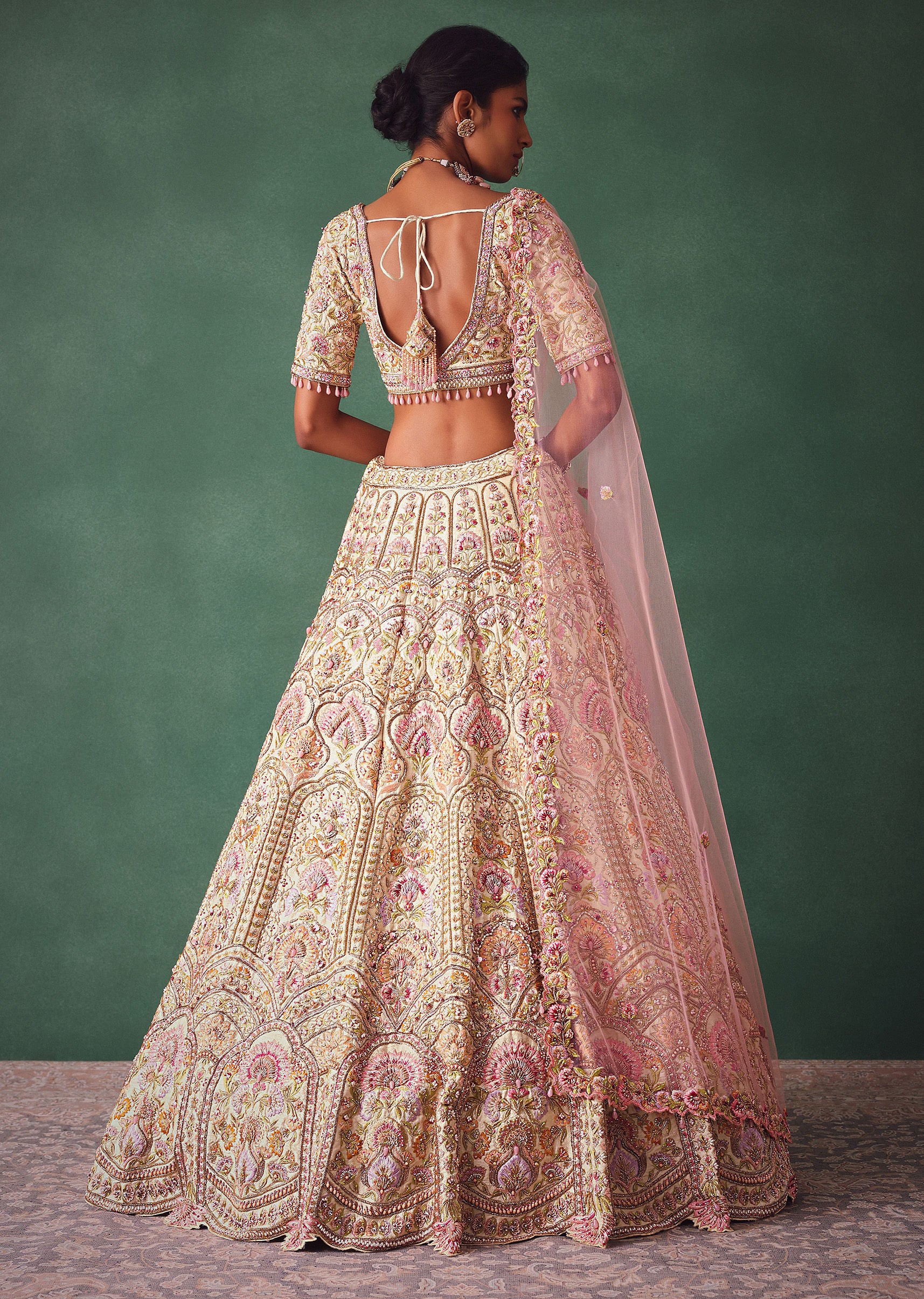 Off White Bridal Lehenga Blouse And Dupatta With Multi Colour Thread Work - Image 6