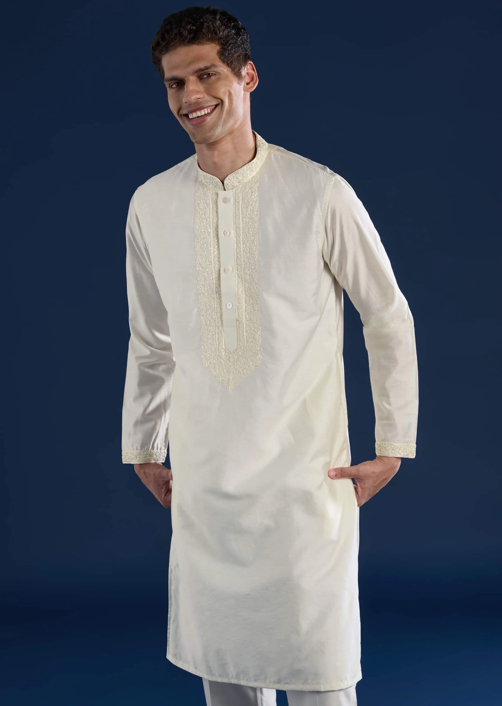 Off White Chanderi Kashmiri Work Mens Kurta and Pant Set - Image 3