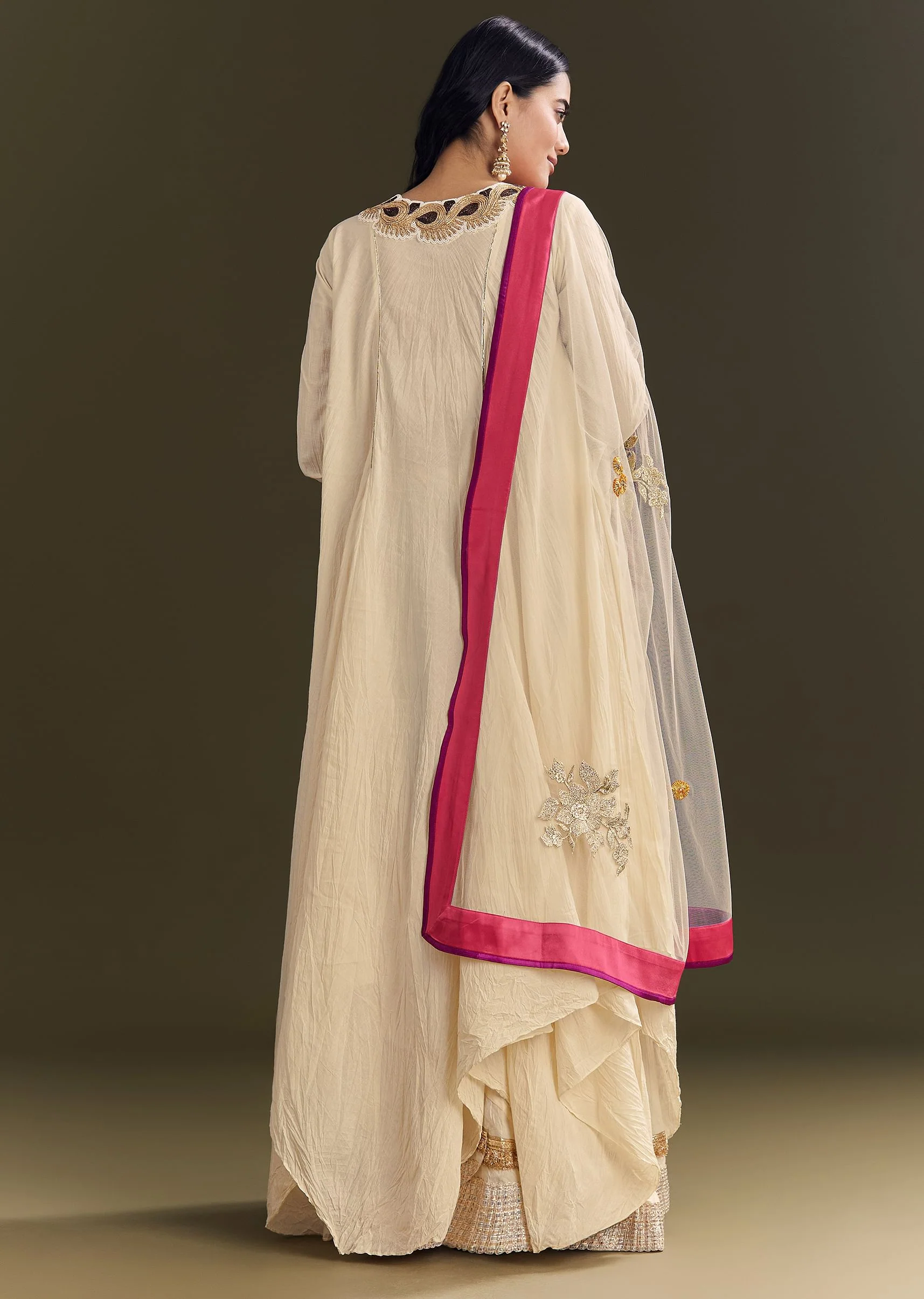 Off White Cora Cotton Asymmetrical Kurta Palazzo With Net Dupatta - Image 5