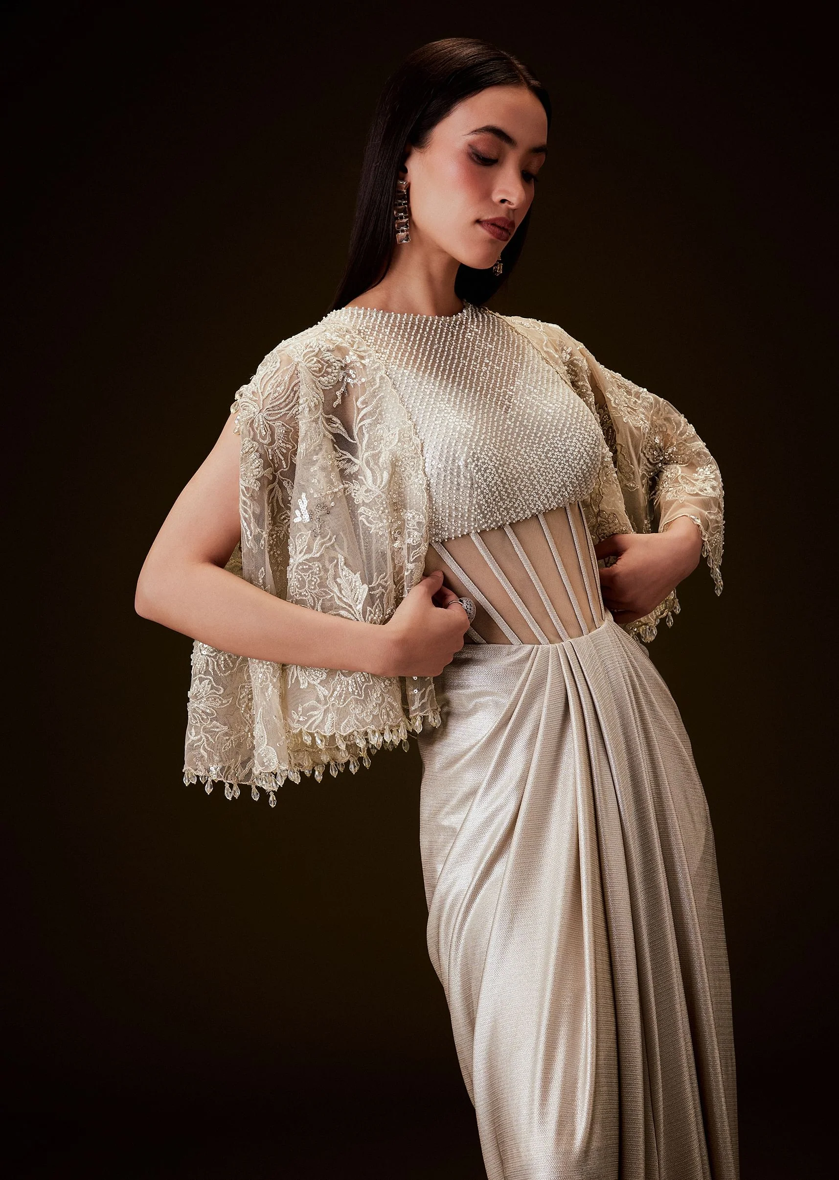 Off White Corset Gown With Sheer Waistline And Embroidered Cape - Image 2