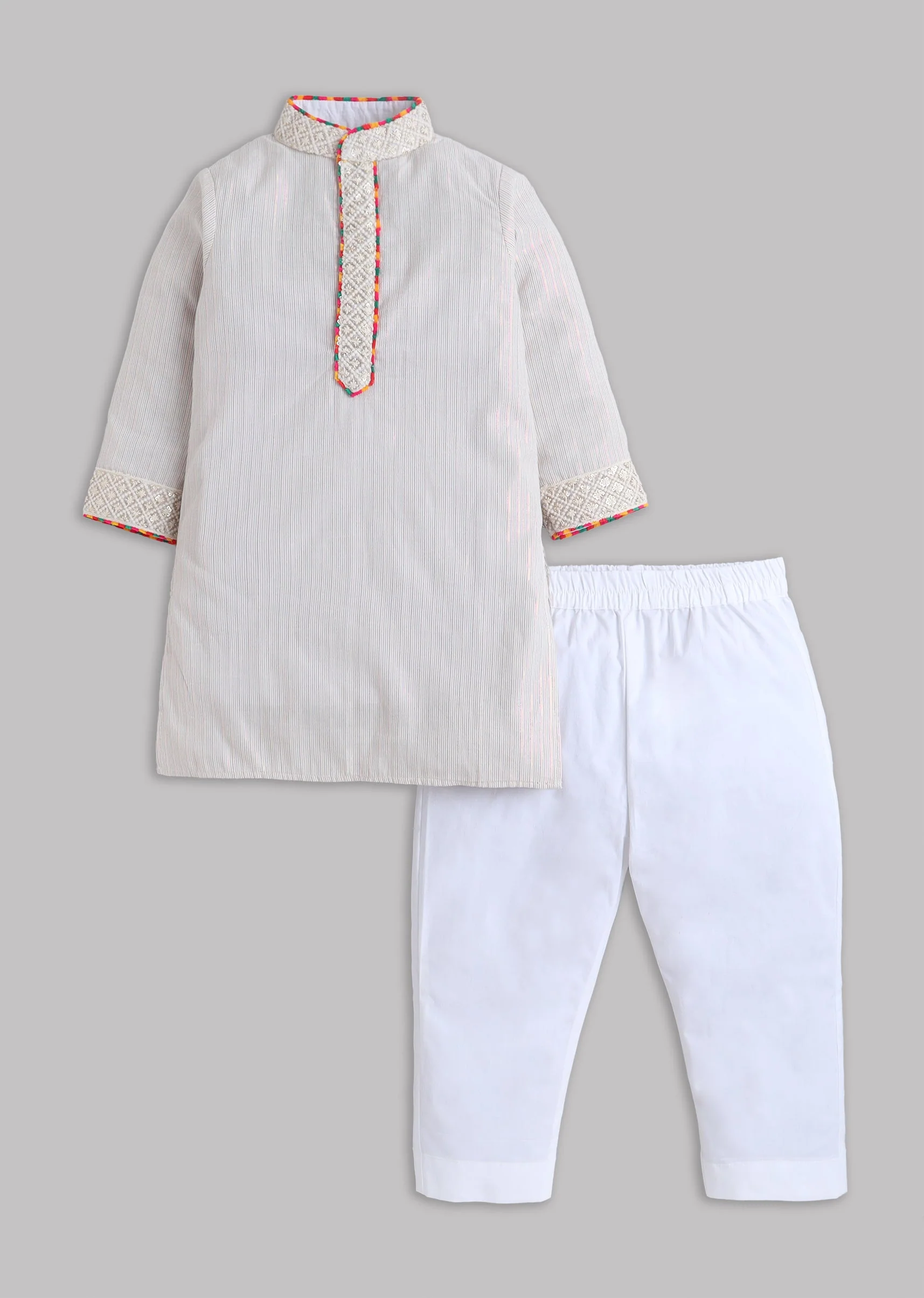 Off White Cotton Lurex Kurta Set With Multicolor Neck Detail