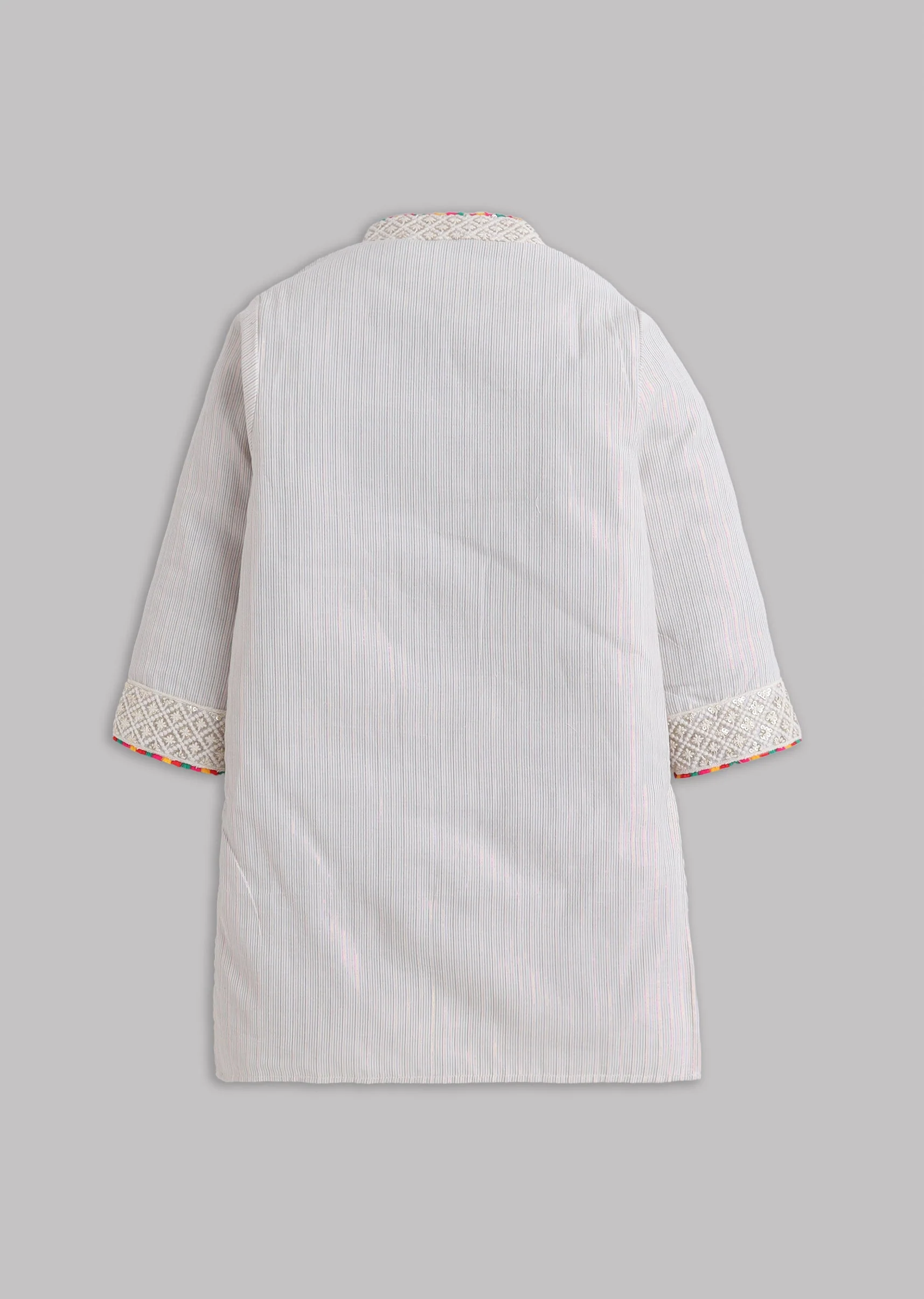 Off White Cotton Lurex Kurta Set With Multicolor Neck Detail - Image 3