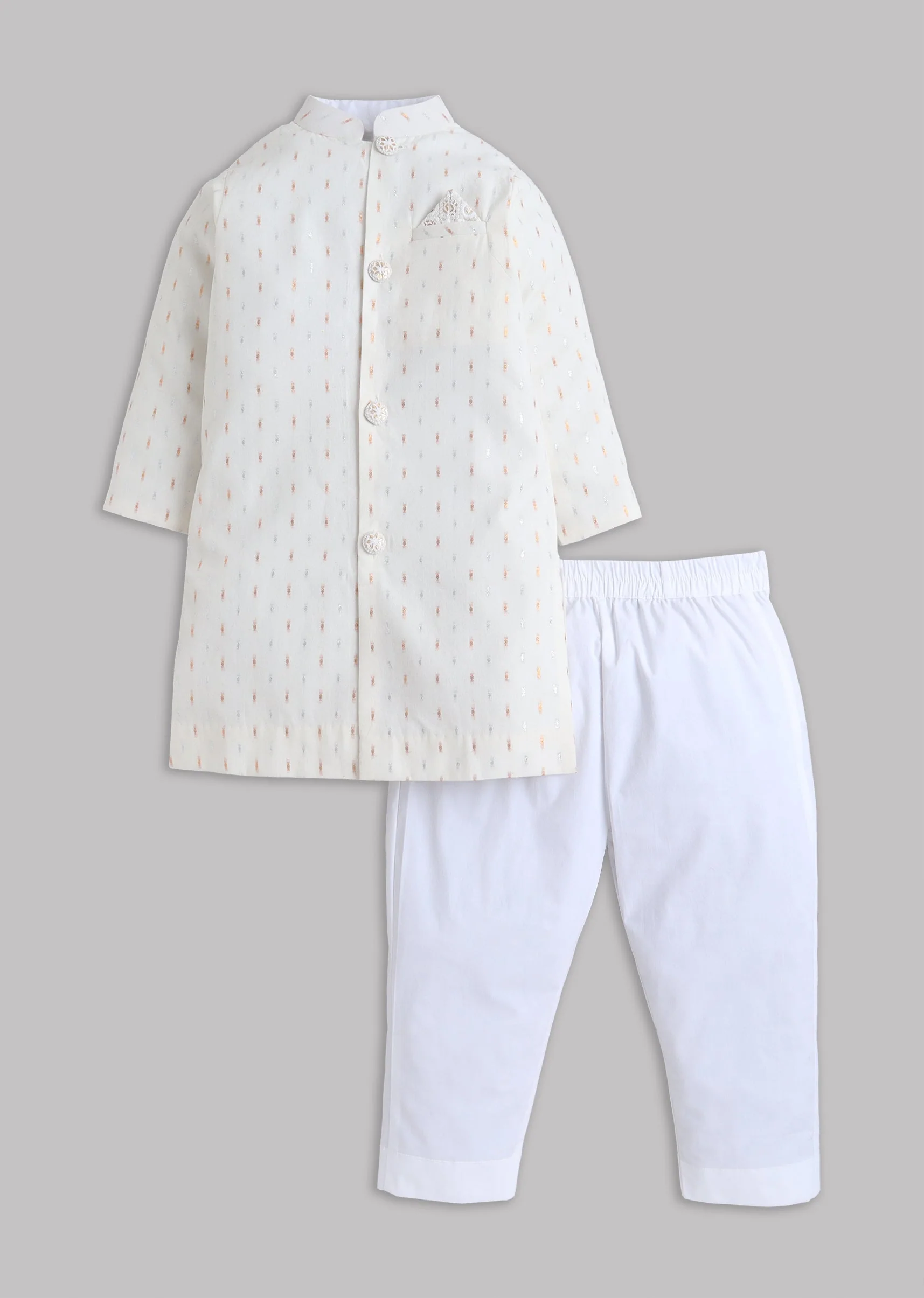Off White Cotton Sherwani Set With Gold Silver Zari Work