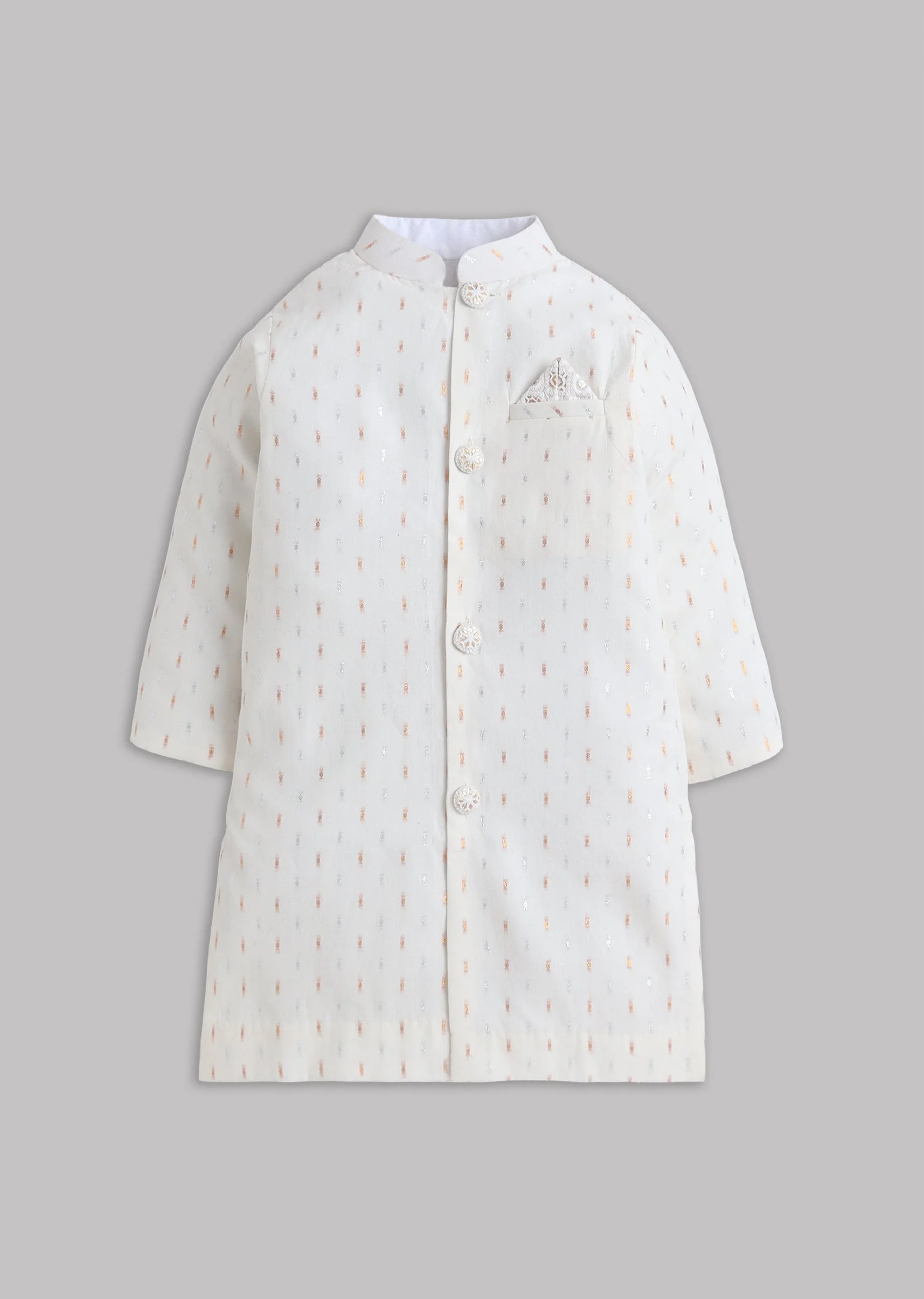 Off White Cotton Sherwani Set With Gold Silver Zari Work - Image 2