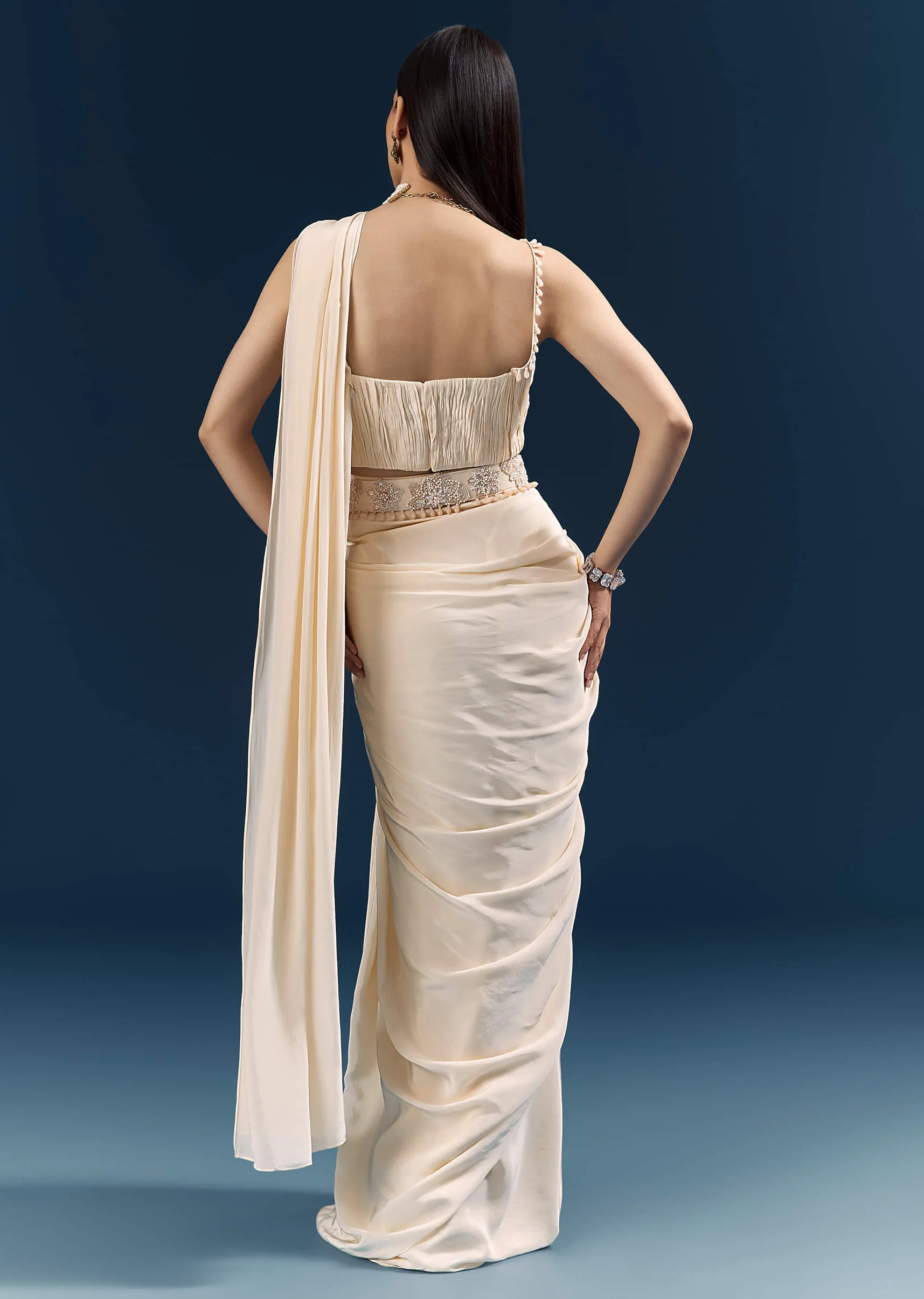 Off White Crepe Ready Pleated Saree With Heavy Embroidery - Image 6