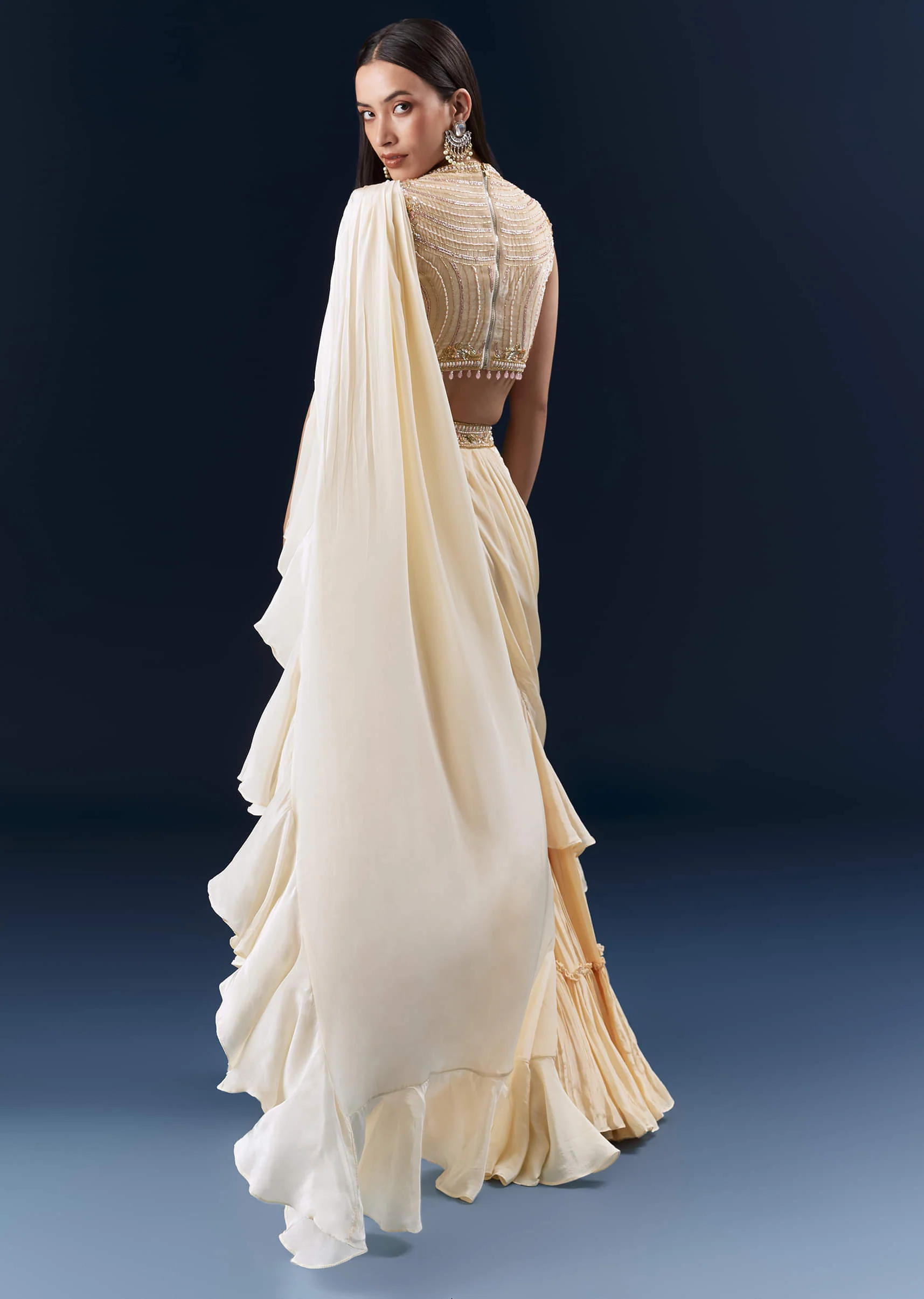 Off White Crepe Ready Pleated Saree With Heavy Hand Embroidery - Image 2