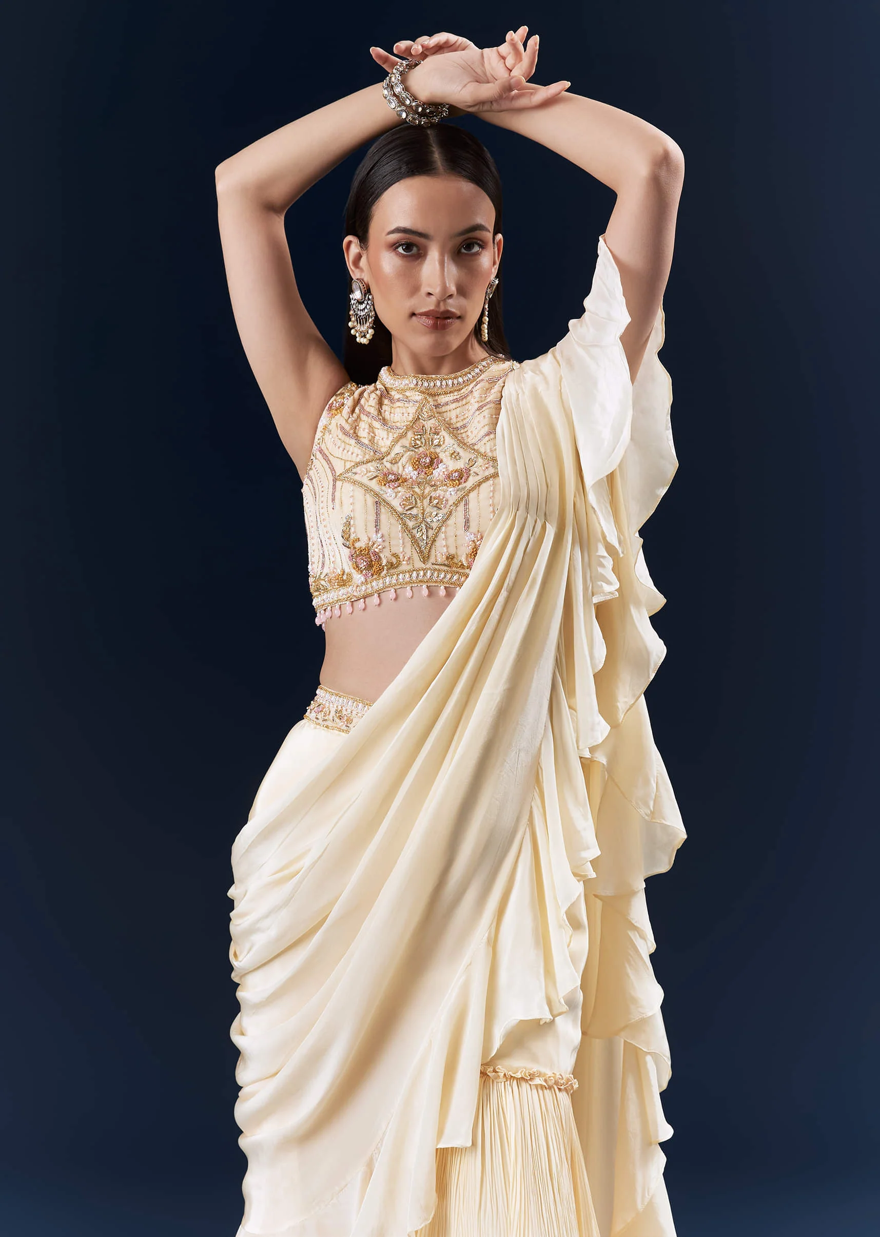 Off White Crepe Ready Pleated Saree With Heavy Hand Embroidery - Image 3