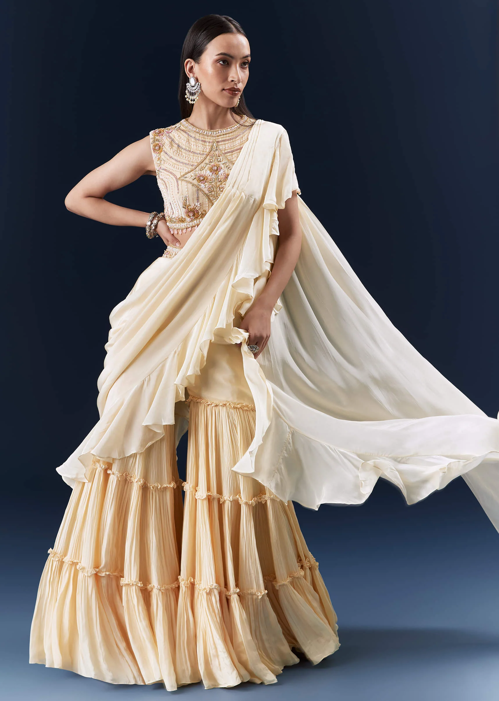 Off White Crepe Ready Pleated Saree With Heavy Hand Embroidery - Image 4