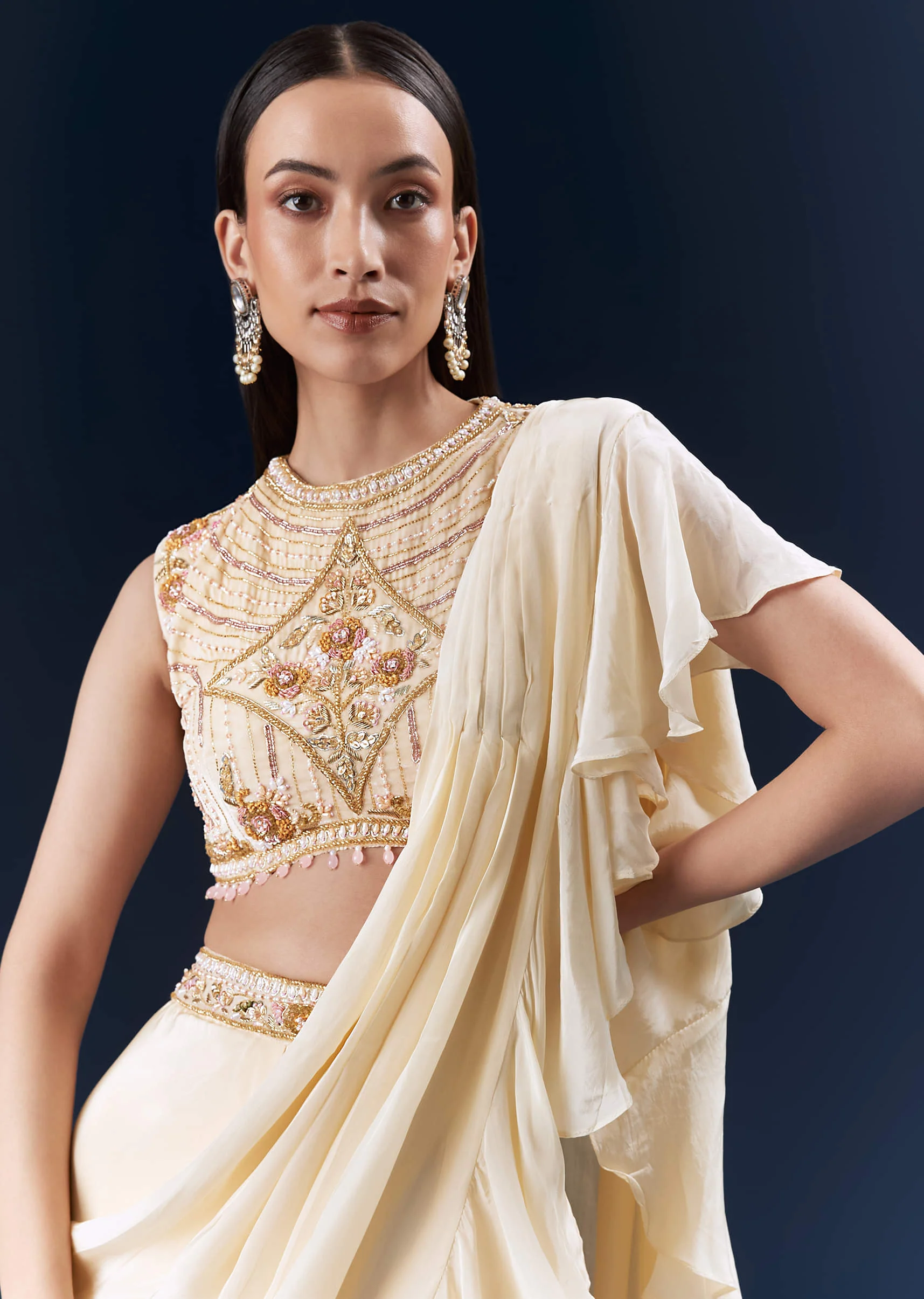 Off White Crepe Ready Pleated Saree With Heavy Hand Embroidery - Image 5