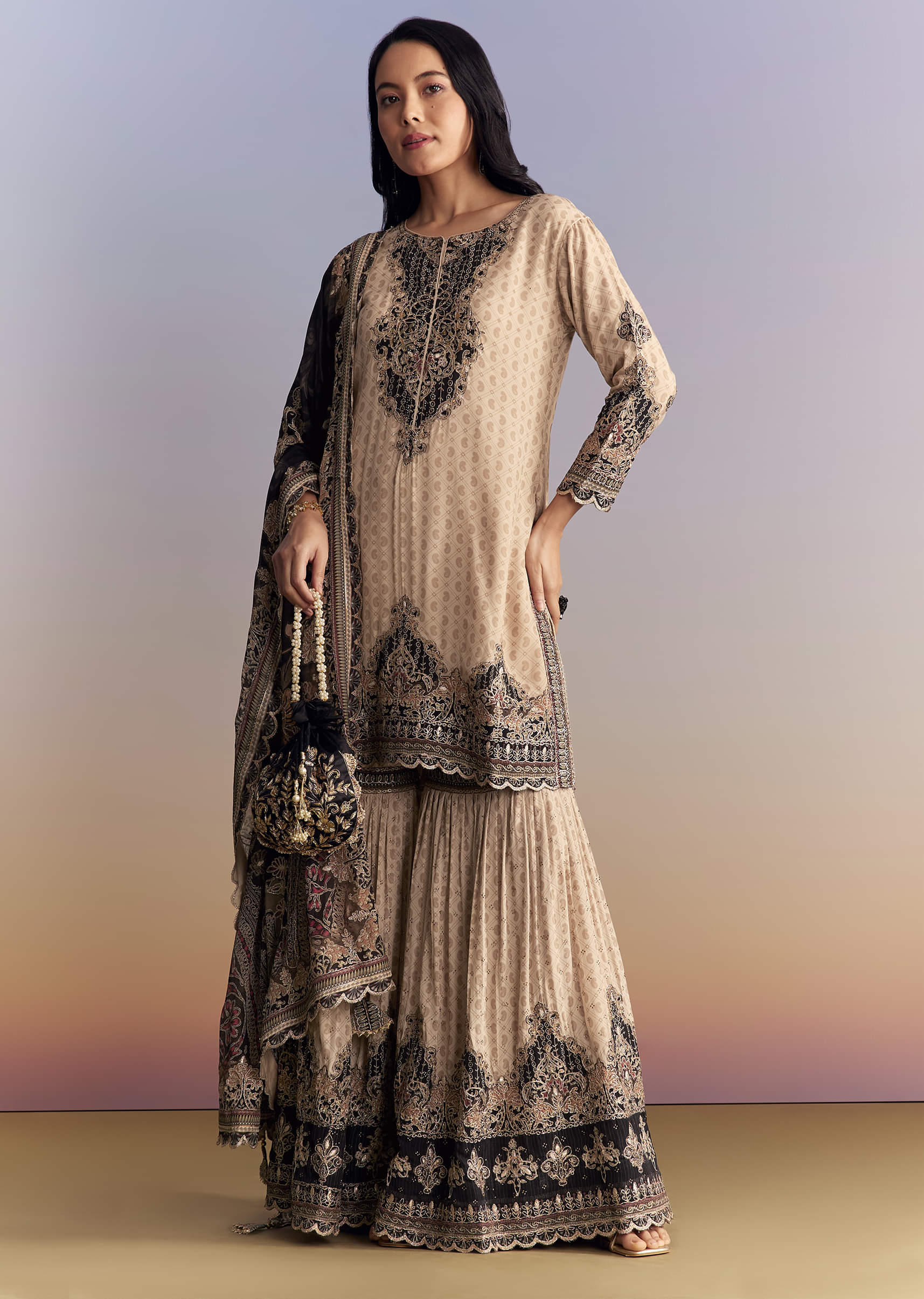 Off White Crepe Sharara Suit With Paisley Print And Contrast Dupatta - Image 3